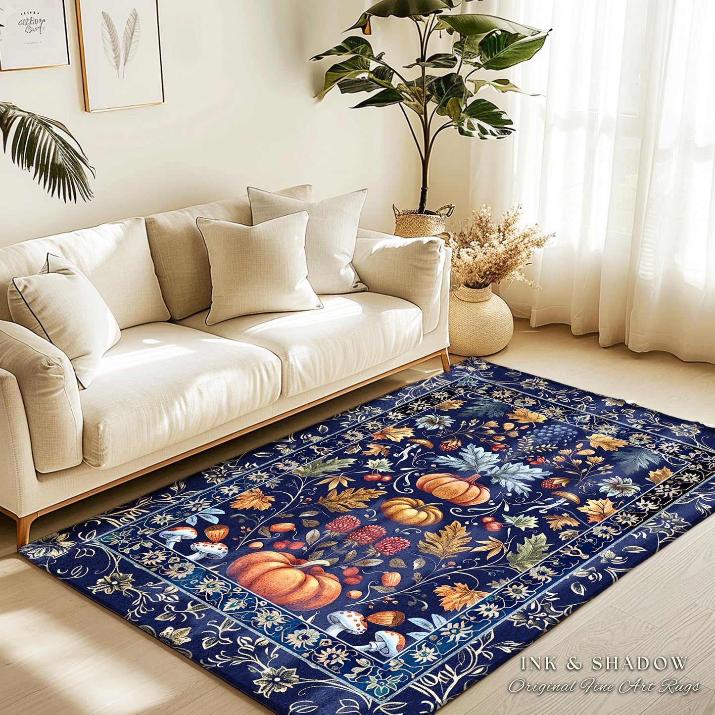 Blue Botanical Pumpkin Rug Vintage Aesthetic Autumn Lovers Decor | Fall Decoration Eclectic Art Dark Academia Elegant Rug Boho Cottagecore