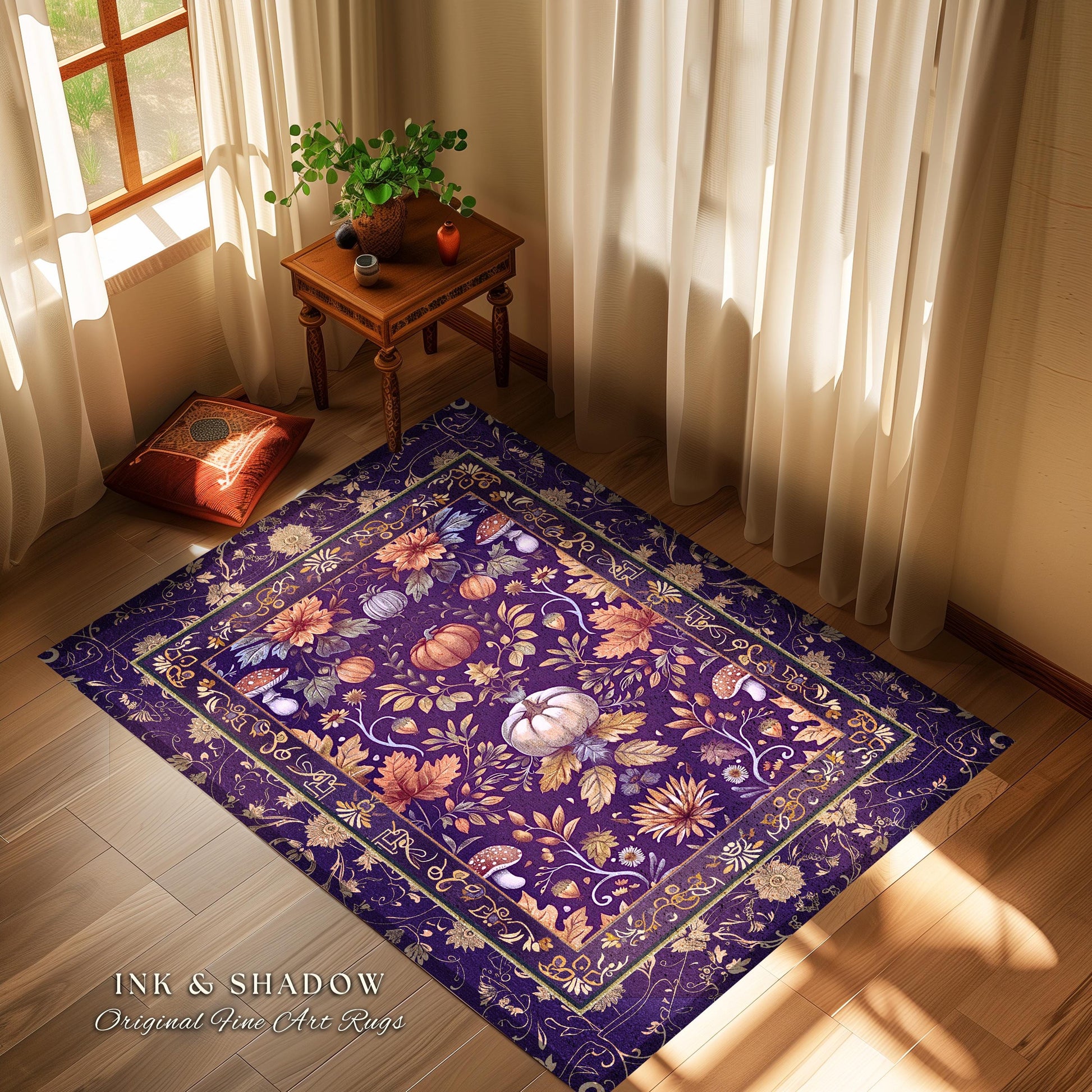 Enchanted Fall Pumpkin Decor Whimsical Floral Rug | Dark Cottagecore Moody Botanical Art Pumpkin Rug Whimsigothic Fairycore Decor Purple Rug