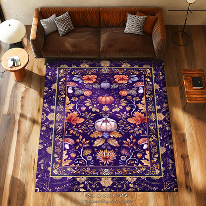 Enchanted Fall Pumpkin Decor Whimsical Floral Rug | Dark Cottagecore Moody Botanical Art Pumpkin Rug Whimsigothic Fairycore Decor Purple Rug