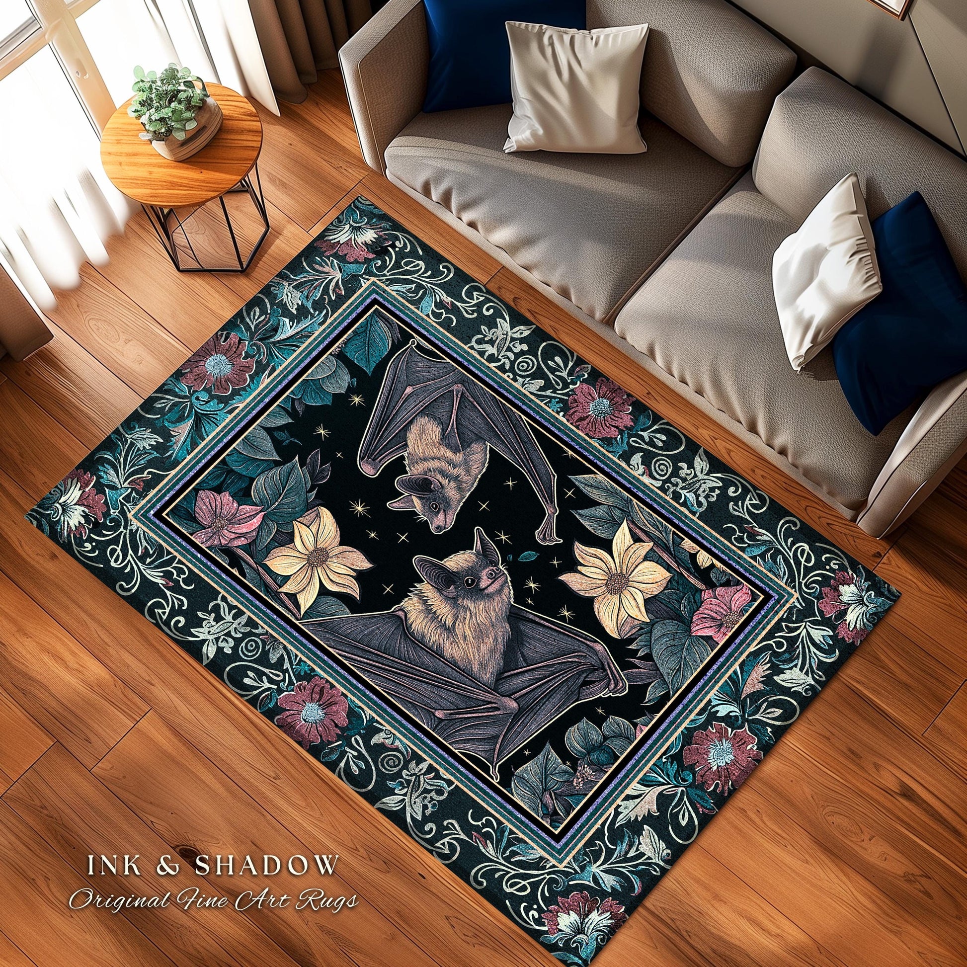 Moody Dark Acedemia Tapestry Woven Bat Rug Starry Night Woodland Gothic Floral Decor, Antique Aesthetic Victorian Botanical Whimsigothic Art