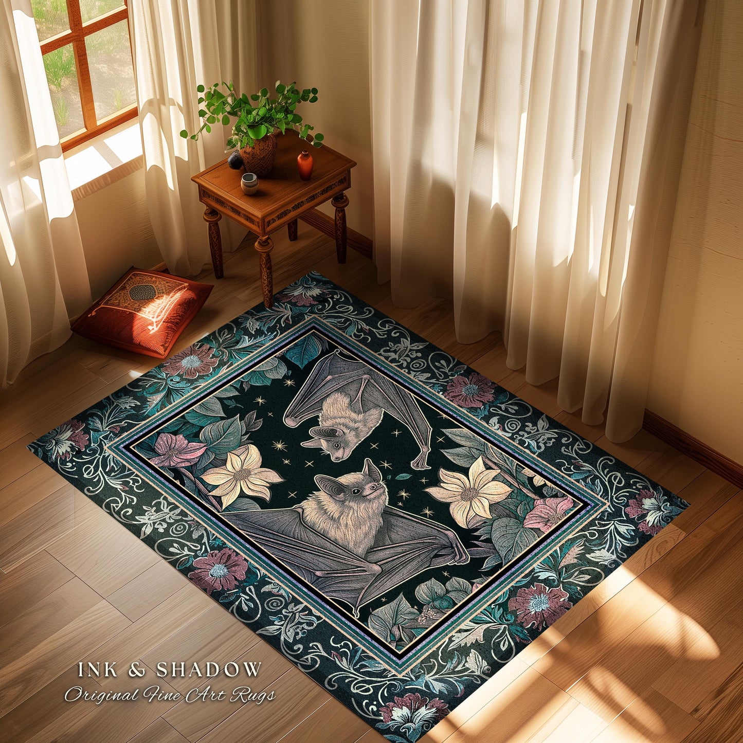 Moody Dark Acedemia Tapestry Woven Bat Rug Starry Night Woodland Gothic Floral Decor, Antique Aesthetic Victorian Botanical Whimsigothic Art