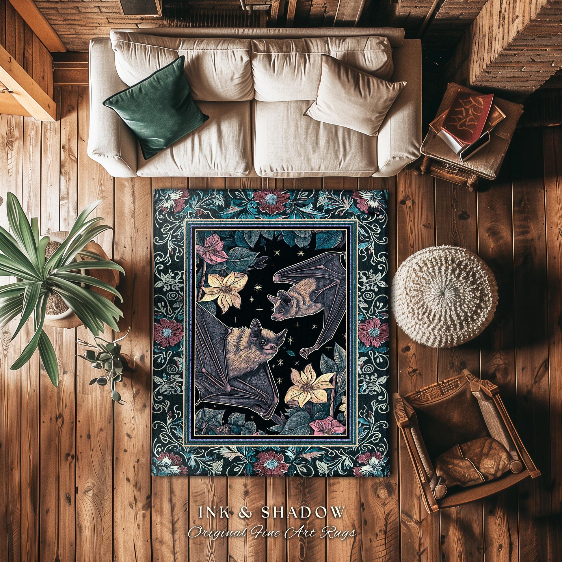 Moody Dark Acedemia Tapestry Woven Bat Rug Starry Night Woodland Gothic Floral Decor, Antique Aesthetic Victorian Botanical Whimsigothic Art