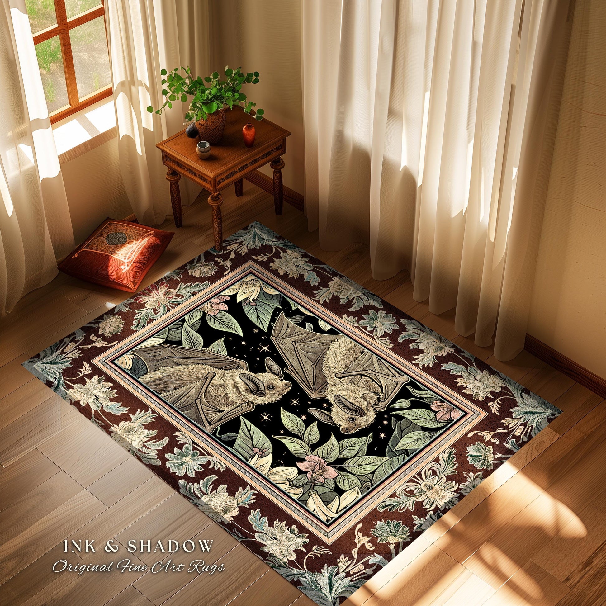 Whimsical Floral Bat Rug Boho Mystical Design Dark Academia Fairycore Decor | Dark Floral Woodland Gothic Rug Celestial Cottagecore Bat Rug