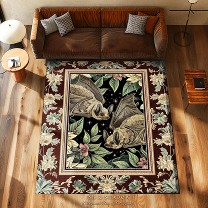 Whimsical Floral Bat Rug Boho Mystical Design Dark Academia Fairycore Decor | Dark Floral Woodland Gothic Rug Celestial Cottagecore Bat Rug