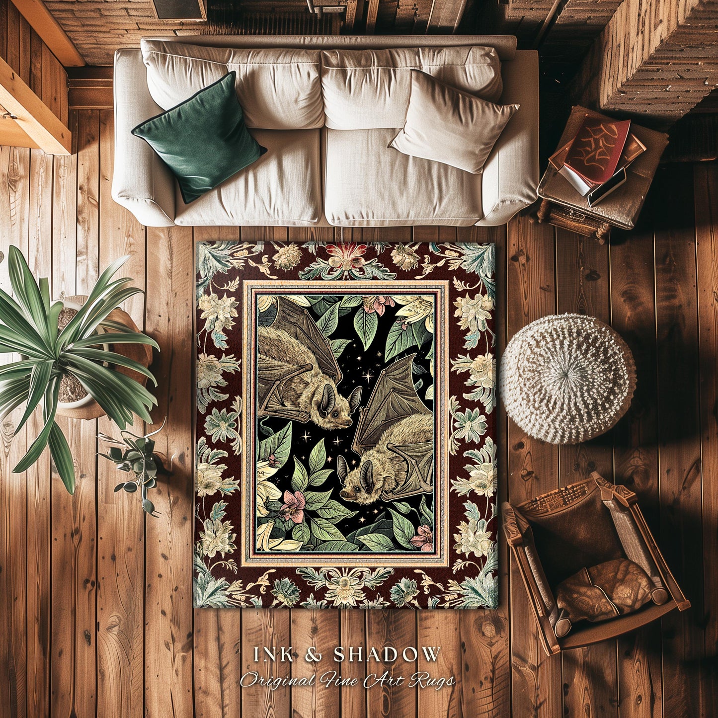 Whimsical Floral Bat Rug Boho Mystical Design Dark Academia Fairycore Decor | Dark Floral Woodland Gothic Rug Celestial Cottagecore Bat Rug