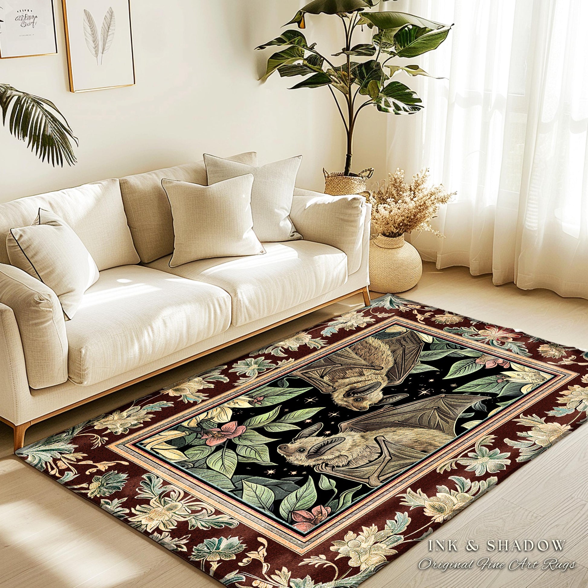 Whimsical Floral Bat Rug Boho Mystical Design Dark Academia Fairycore Decor | Dark Floral Woodland Gothic Rug Celestial Cottagecore Bat Rug