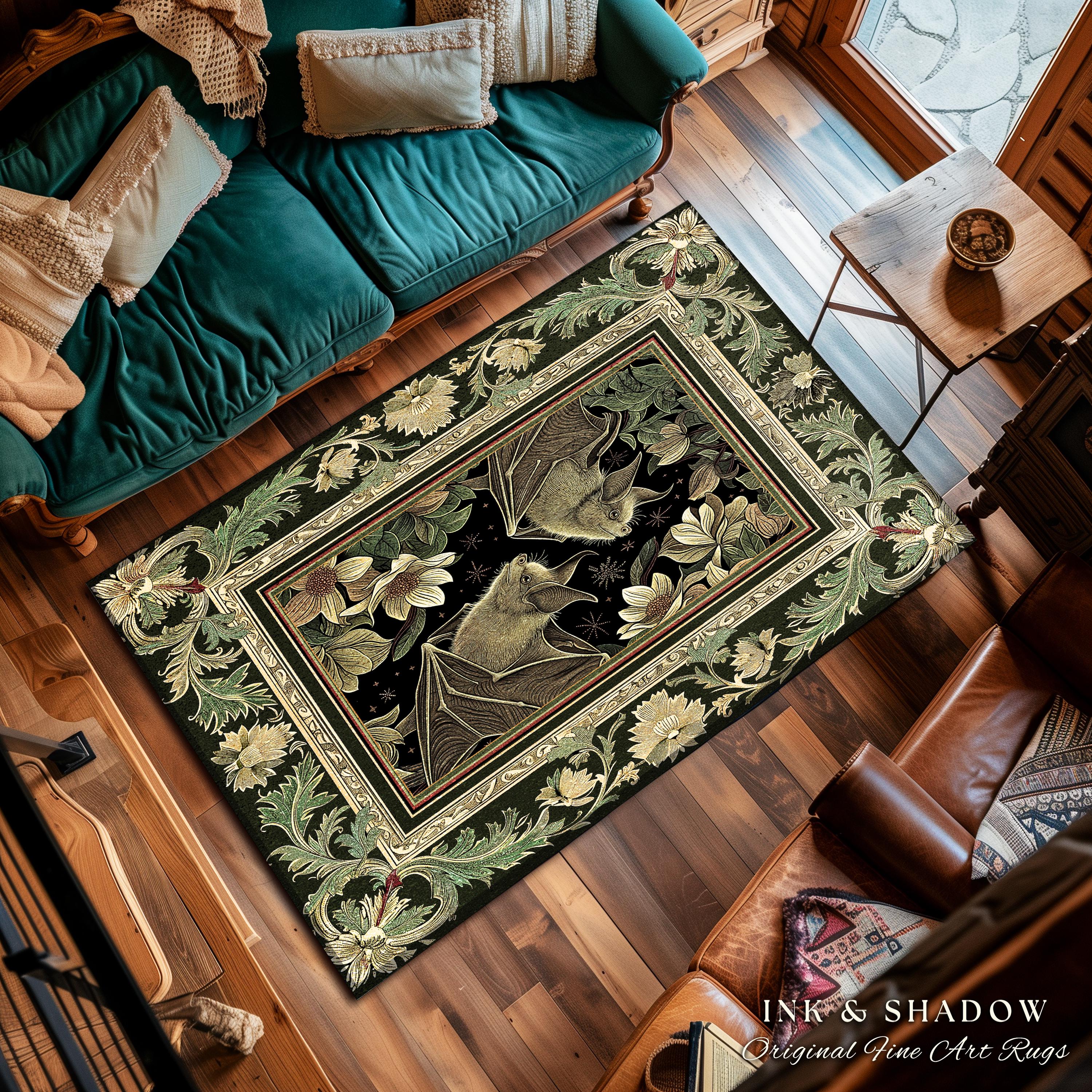 Victorian Gothic Soft Cottagecore Sage Green Bat Rug Witchy