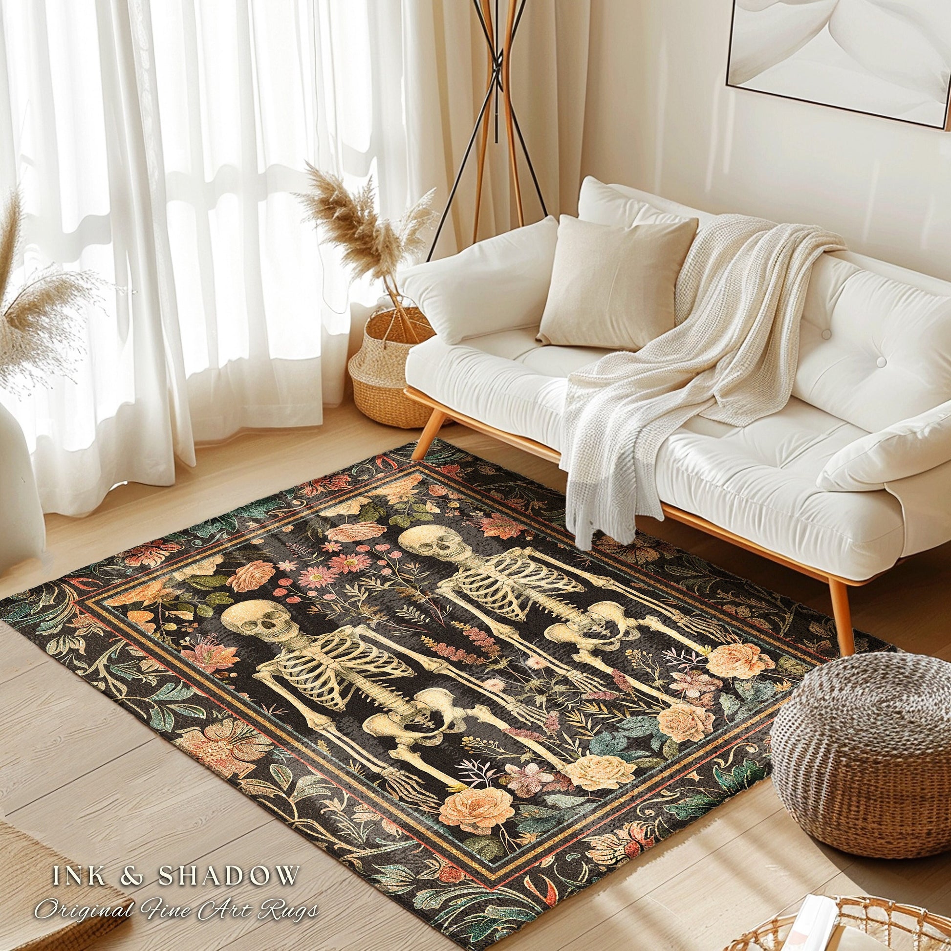 Boho Fairycore Floral Gothic Skeleton Rug | Soft Cottagecore Skeleton Lovers Gift Botanical Boho Area Rug Light Academia Fairycore Decor Rug