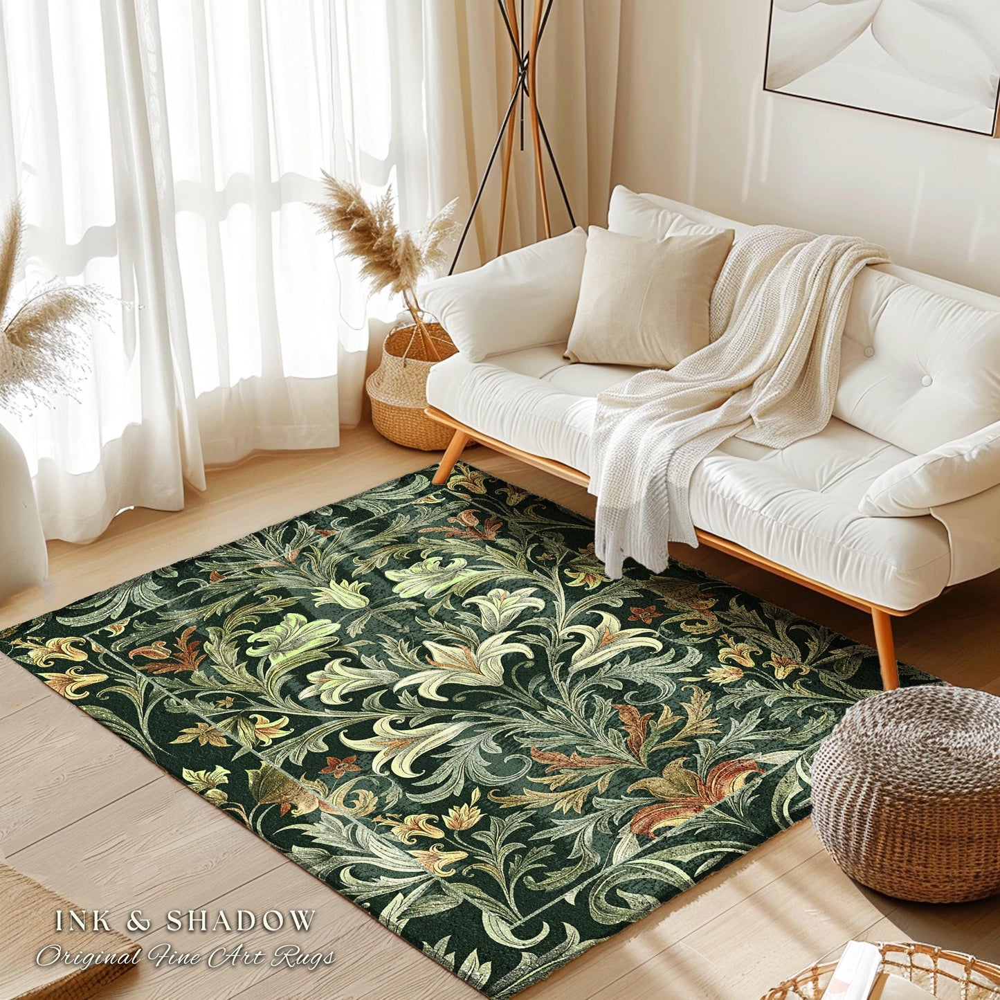 Emerald Green Floral Dark Botanical Runner Art Deco Rug Whimsical Cottagecore Home Decor | Elegant Nature Inspired Woodland Wildflower Rug