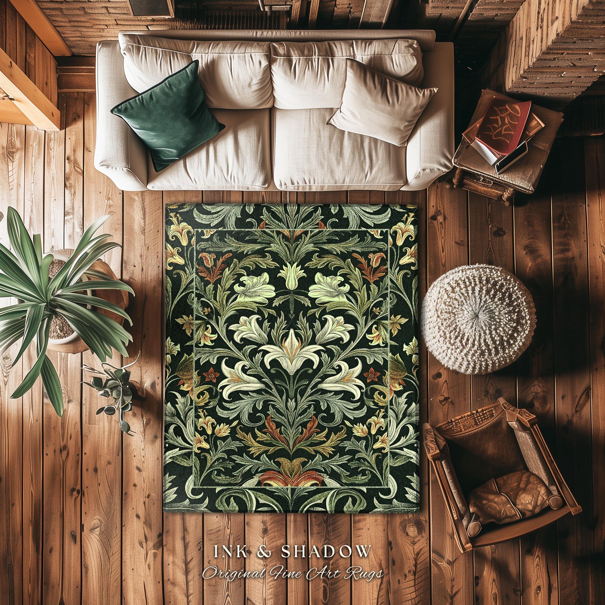 Emerald Green Floral Dark Botanical Runner Art Deco Rug Whimsical Cottagecore Home Decor | Elegant Nature Inspired Woodland Wildflower Rug