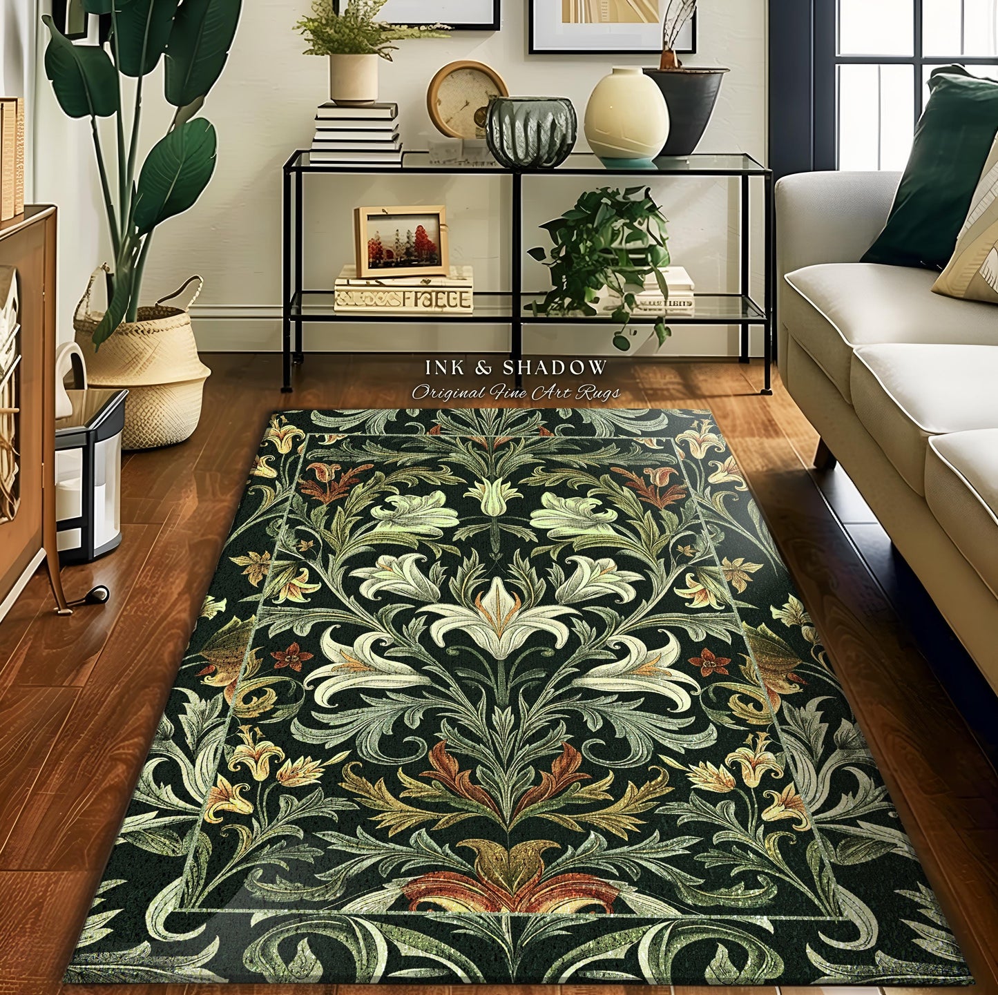 Emerald Green Floral Dark Botanical Runner Art Deco Rug Whimsical Cottagecore Home Decor | Elegant Nature Inspired Woodland Wildflower Rug