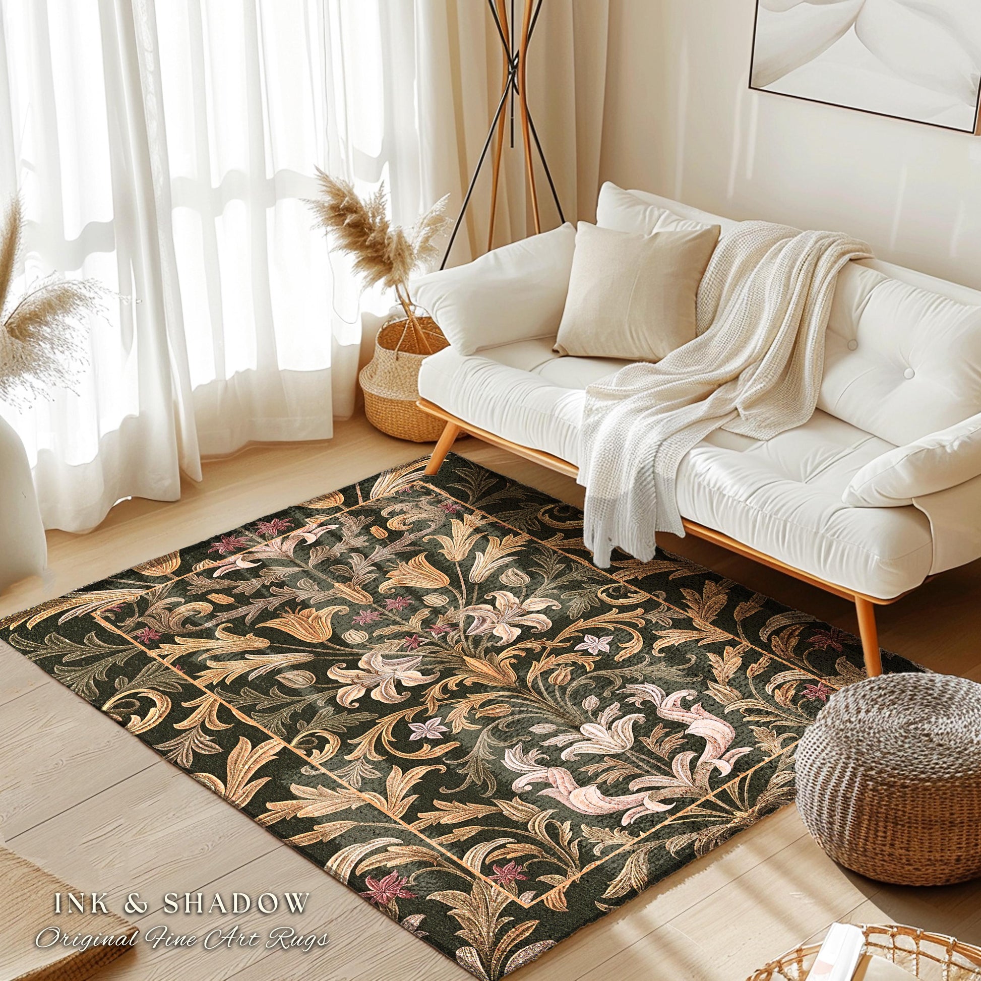 Ornate Baroque Elegance Floral Runner Antique Gold Art Nouveau Botanical Rug | Dark Academia Vintage Decor Victorian Whimsigothic Art Rug