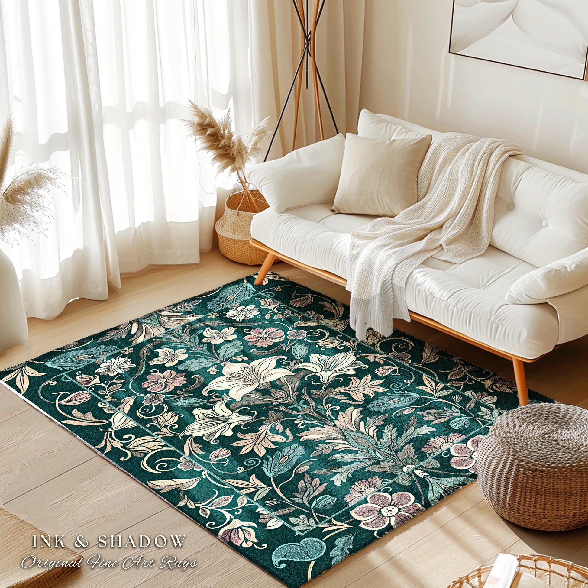 Trendy Florals Elegant Accent Rug | Ornate Botanical Folklore Inspired Dark Academia Teal Area Rug Romantic Opulence Vintage Cottagecore Art