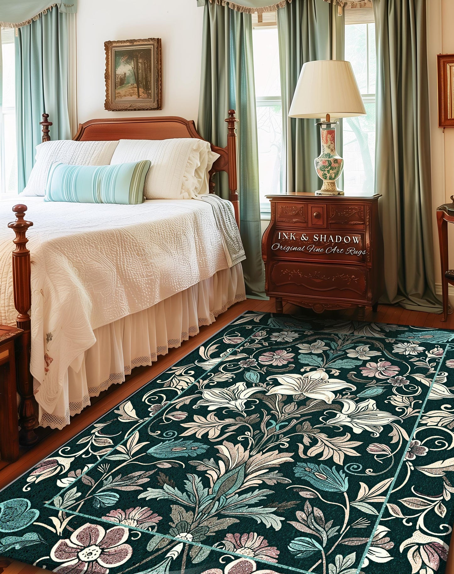 Trendy Florals Elegant Accent Rug | Ornate Botanical Folklore Inspired Dark Academia Teal Area Rug Romantic Opulence Vintage Cottagecore Art