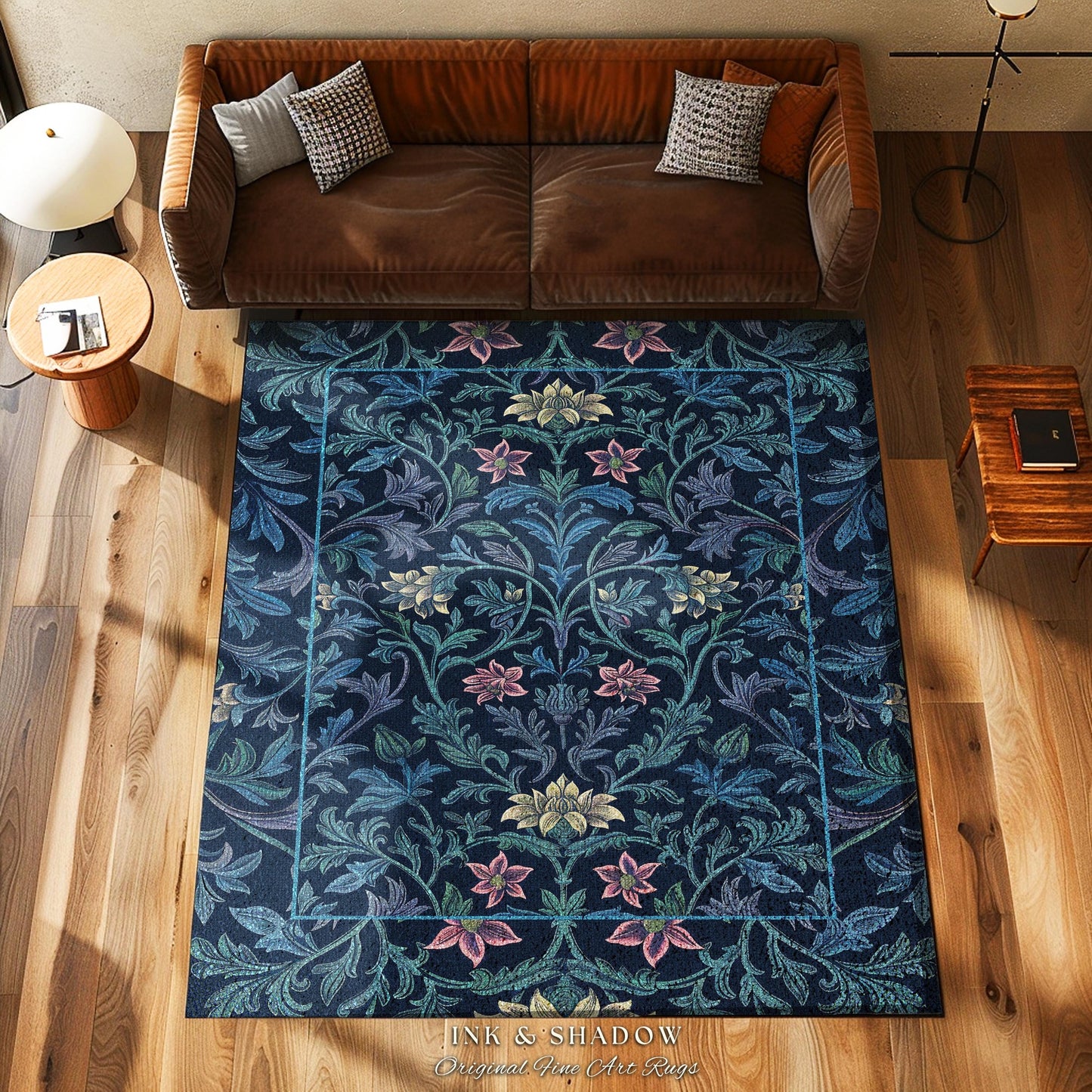 Baroque Florals Ornate Floral Rug | Victorian Revivalist Ethereal Timeless Accent Rug Dark Floral Indigo Blue Royal Cottagecore Elegance |