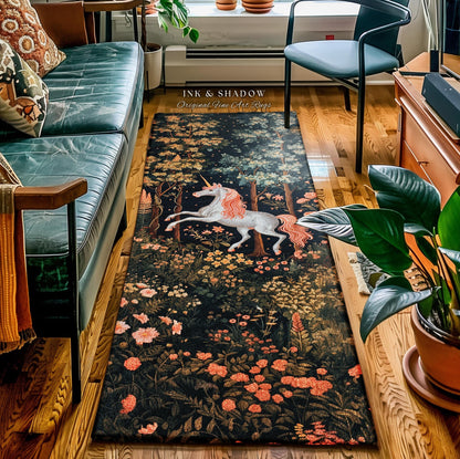 Whimsical Floral Unicorn Runner Rug Woodland Magical Folklore Aesthetic | Mythical Creatures Enchanted Forest Boho Dark Cottagecore Decor