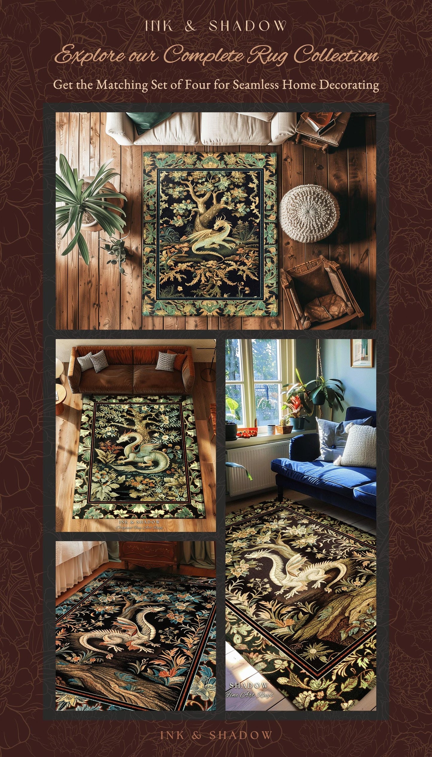 Ethereal Dragon Art Runner Rug Enchanted Aesthetic Fantasy Forest Whimsical Woodland Gothic Decor | Fairytale Whimsy Art Deco Dragon Rugs