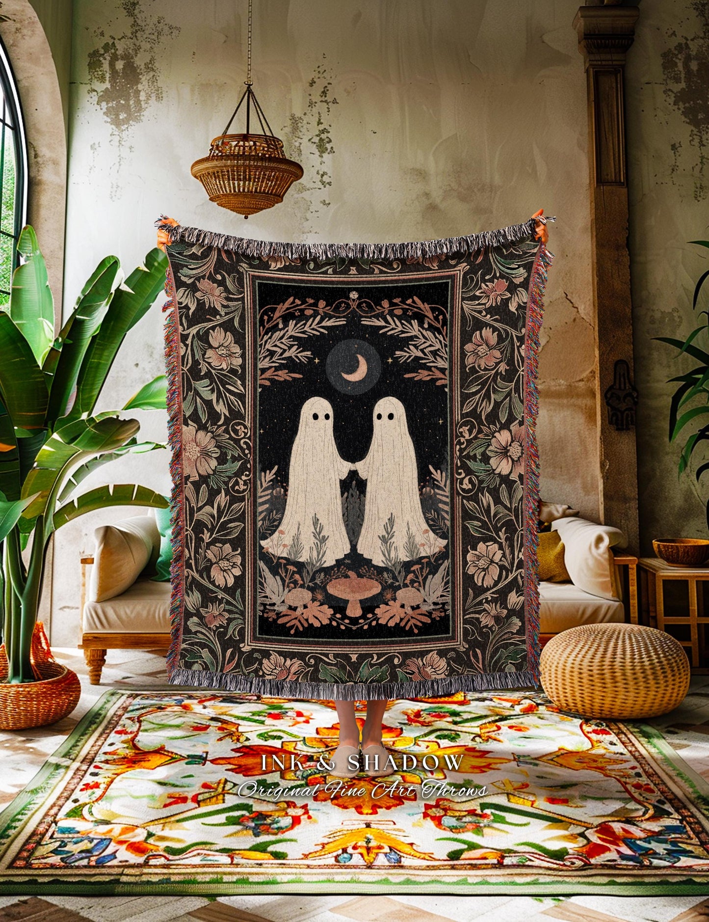 Haunting Ghost Friends Tapestry Blanket Indie Room Decor Vintage Halloween Tapestry Woven Blanket | Haunted Forest Ghost Dark Academia Decor