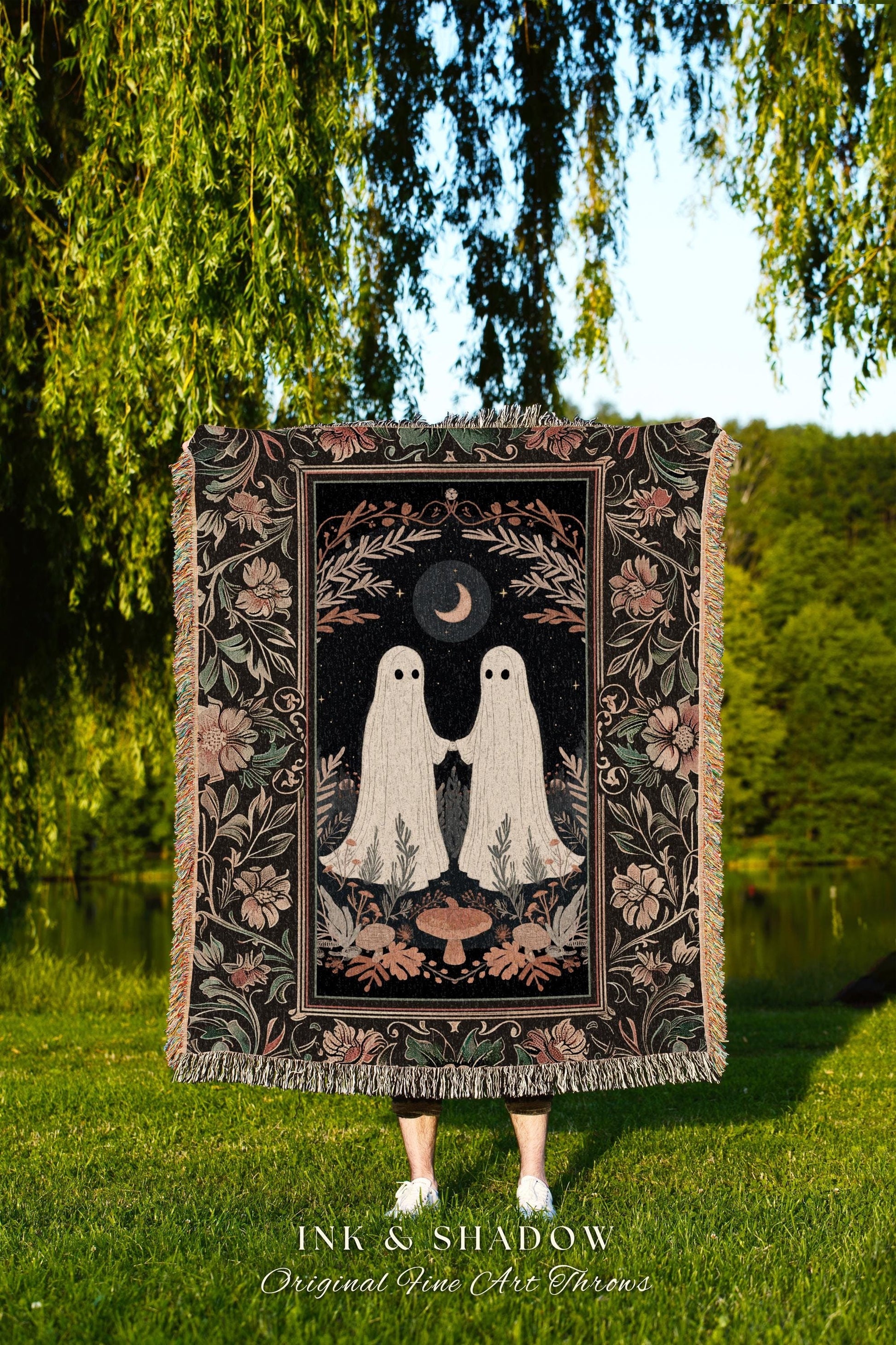 Haunting Ghost Friends Tapestry Blanket Indie Room Decor Vintage Halloween Tapestry Woven Blanket | Haunted Forest Ghost Dark Academia Decor