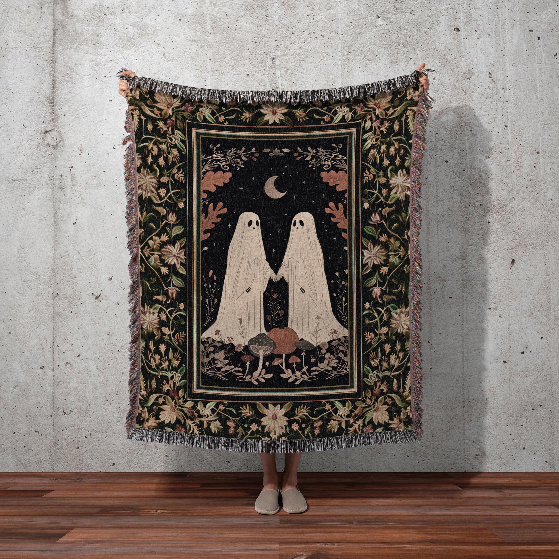 Moonlit Spirits Vintage Blanket Spooky Cute Ghost Fall Aesthetic Vintage Art Woven Tapestry Halloween Decor Dark Academia Art Ghost Blanket