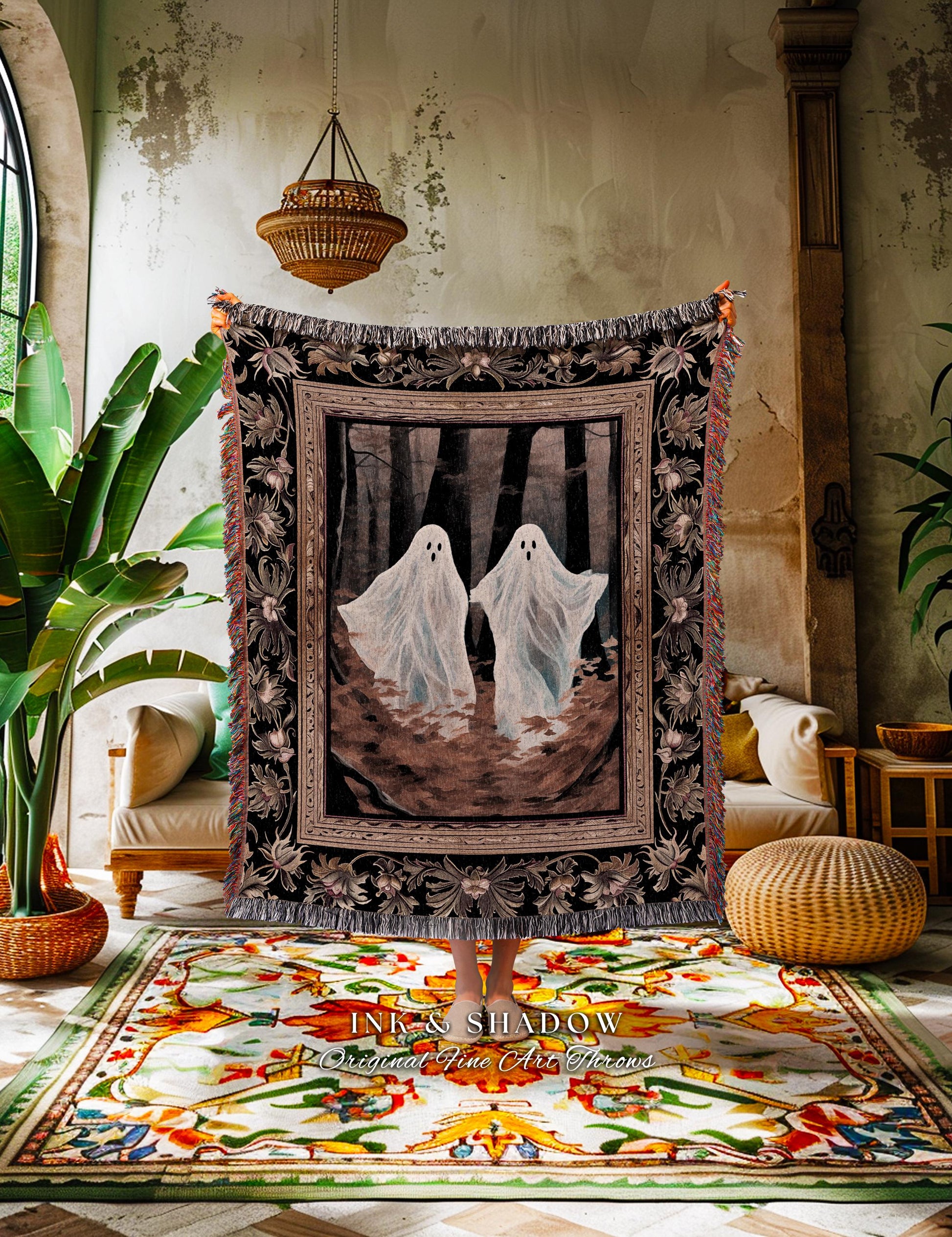 Woodland Gothic Ghost Friends Fall Aesthetic Decor Woven Throw Blanket Vintage Aesthetic Halloween Art Decor Spooky Ghost Painting Tapestry