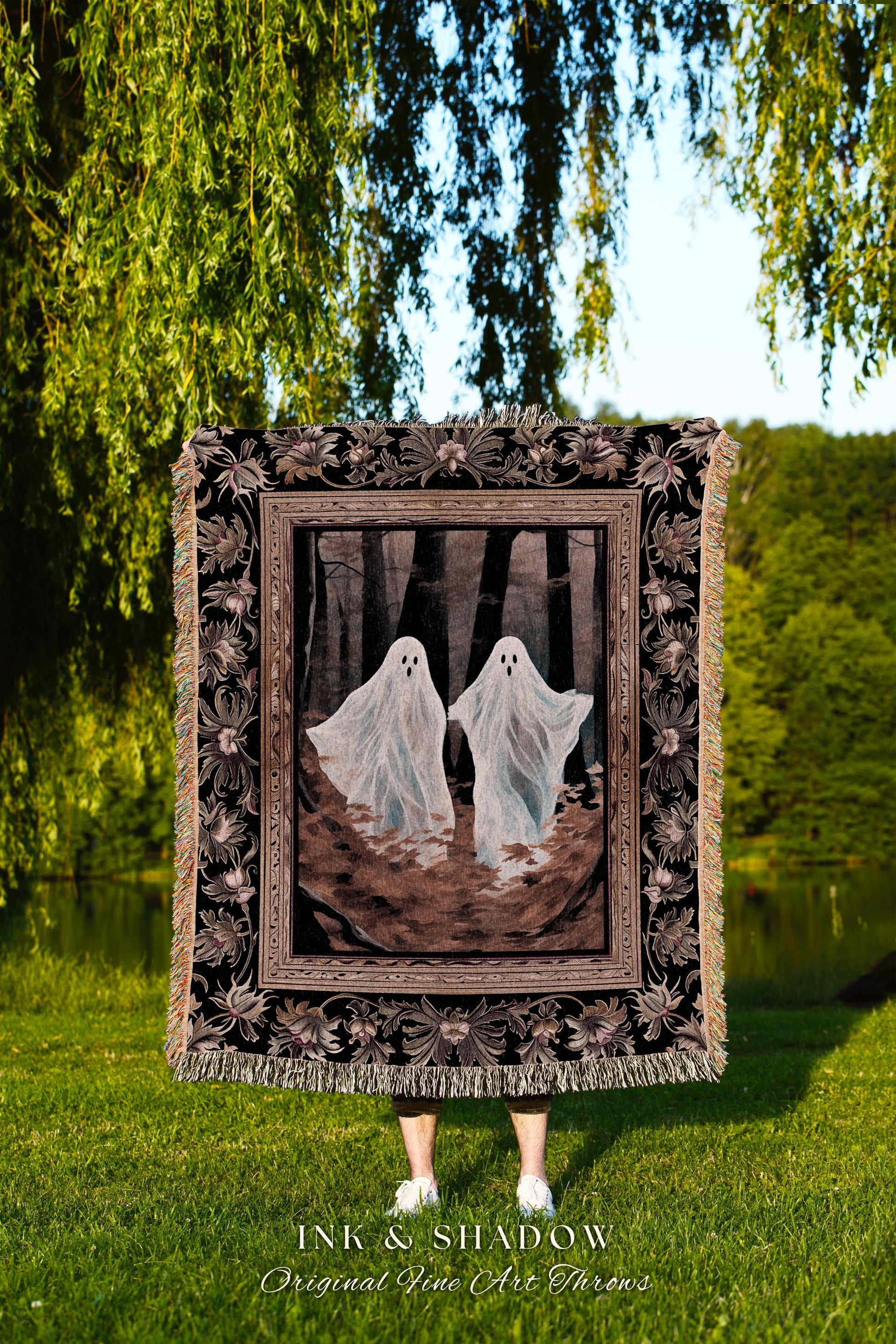 Woodland Gothic Ghost Friends Fall Aesthetic Decor Woven Throw Blanket Vintage Aesthetic Halloween Art Decor Spooky Ghost Painting Tapestry