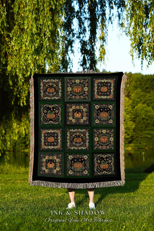 Cozy Dark Green Pumpkin Blanket for Halloween Lovers Aesthetic Bohemian Bedding for Fall Goth Home Decor Mystic Cottagecore Throw Blanket