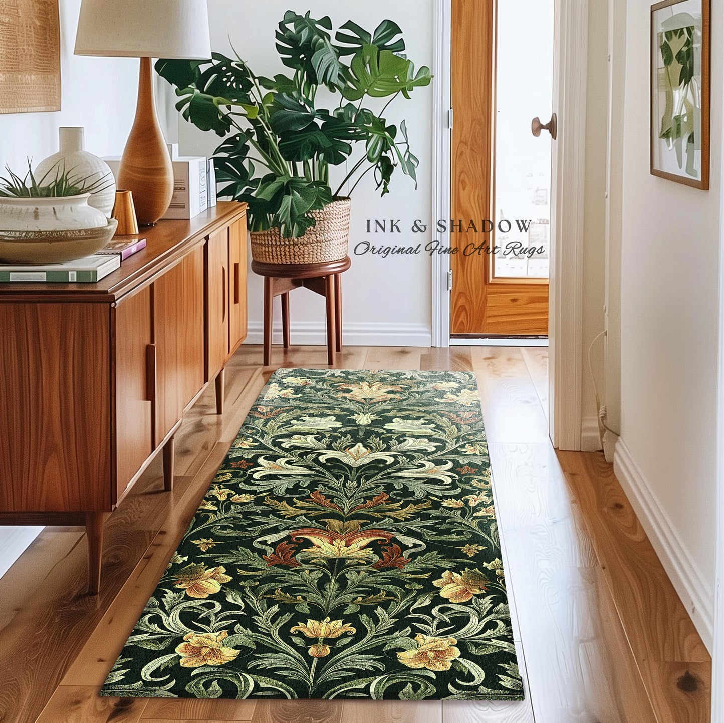 Art Deco Wildflower Runner Elegant Nature Inspired Woodland Gothic Dark Botanical Rug | Whimsical Vintage Green Cottagecore Floral Decor