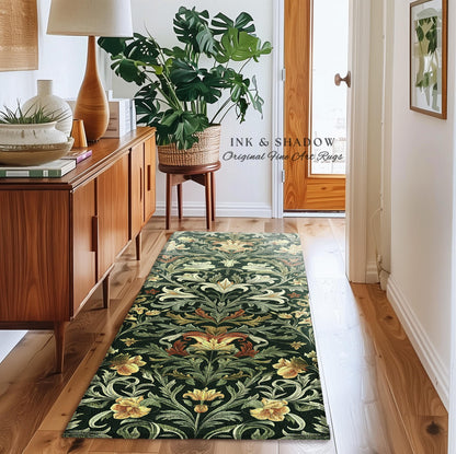 Emerald Green Floral Dark Botanical Runner Art Deco Rug Whimsical Cottagecore Home Decor | Elegant Nature Inspired Woodland Wildflower Rug