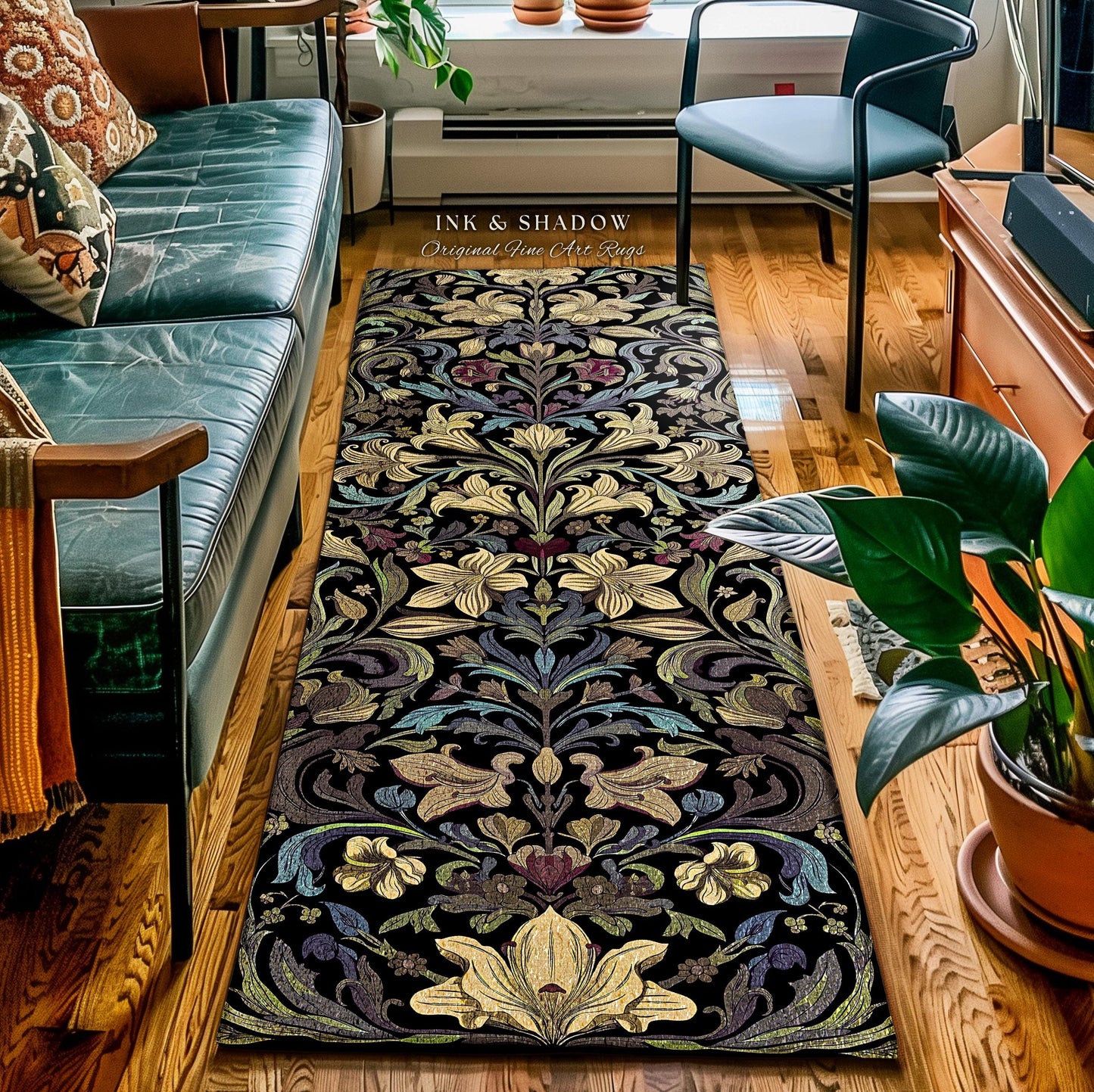 Vintage Aesthetic Victorian Gothic Floral Runner Dark Cottagecore Decor | Whimsical Farmhouse Elegance Retro Art Nouveau Antique Pattern Rug