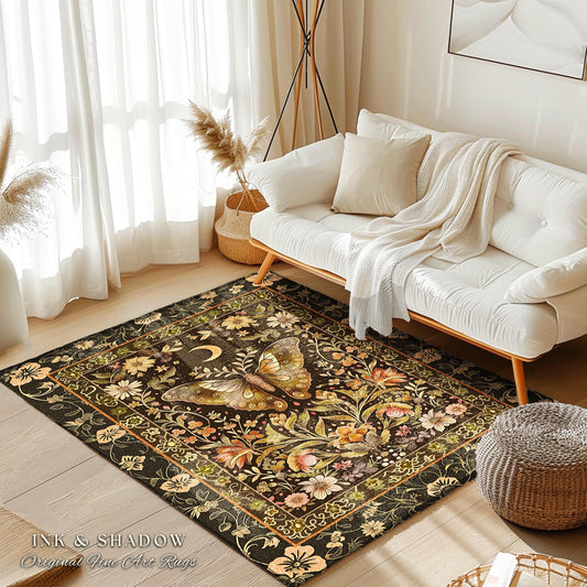 Whimsical Moth Rug Soft Cottagecore Rustic Home Decor | Mystic Floral Butterfly Aesthetic Moth Rug Bohemian Fairycore Gift for New Homeowner