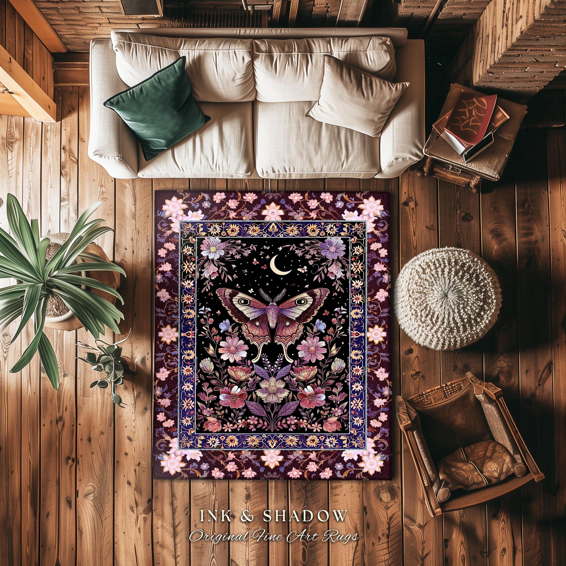 Purple Moth Celestial Rug Boho Fairycore Dark Floral Decor | Enchanted Fairy Cottagecore Butterfly Lovers Moth Moon Rug Whimsical Goth Gift