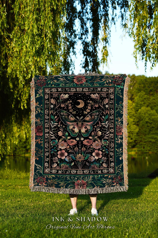 Celestial Cottagecore Floral Moth Woven Throw Woodland Gothic Decor, Fairycore Forest Tapestry Blanket Whimsigothic Witchy Dark Botanicals