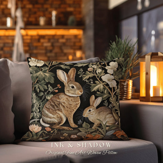 Dark Woodland Creatures Pillow | Couch Cushion William Morris Throw Cottagecore Bunny Decor Rustic Spring Rabbit Pastel Housewarming Gift