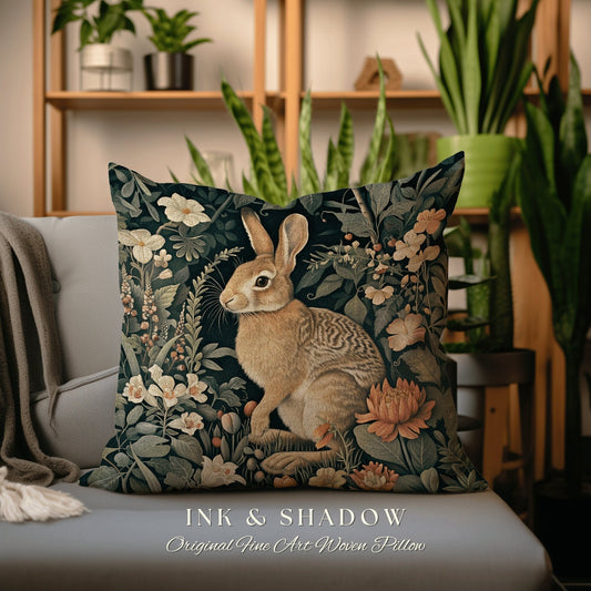 Fairycore Rabbit Throw Pillow | Couch Cushion William Morris Throw Cottagecore Bunny Decor Rustic Spring Rabbit Art Pastel Housewarming Gift