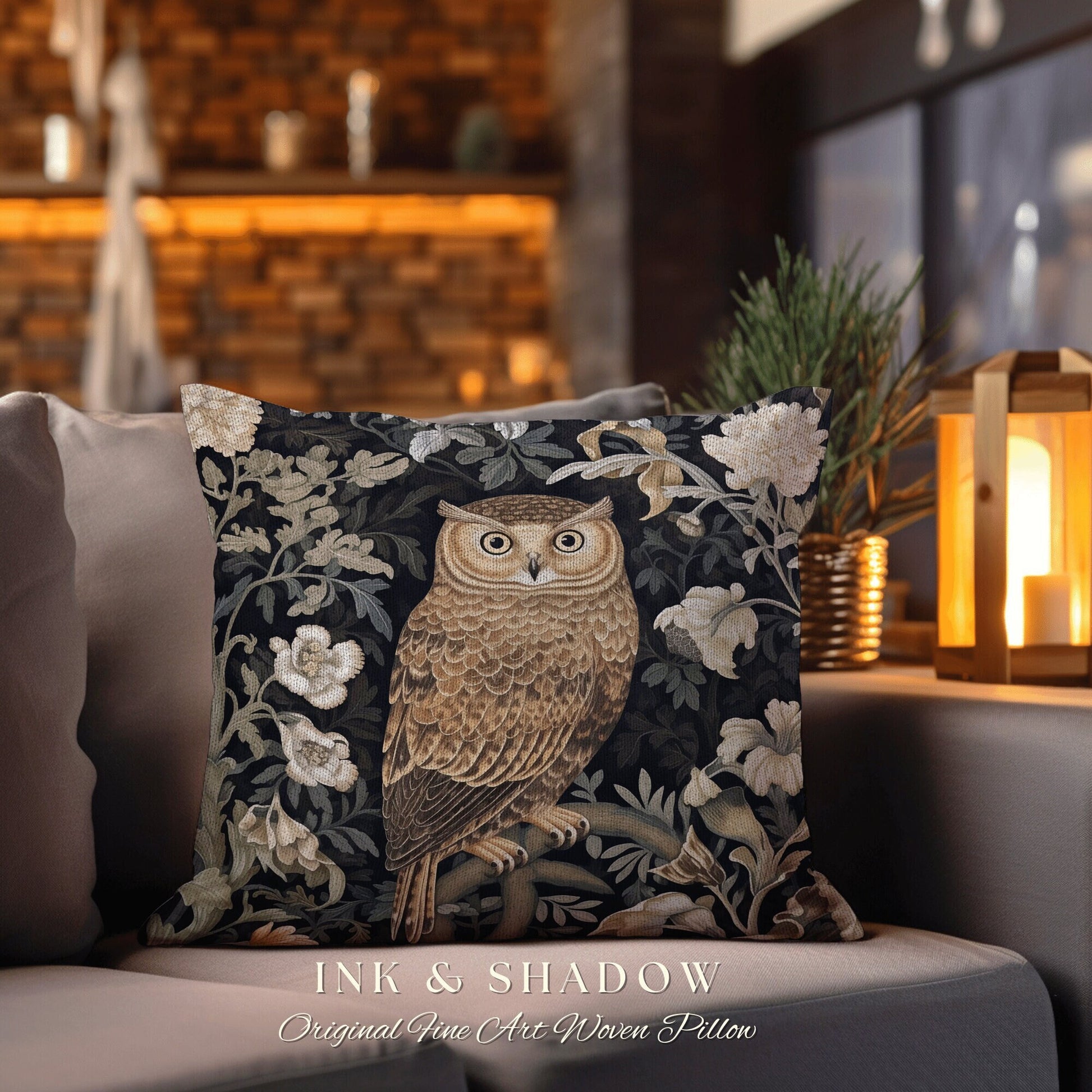 Navy Botanical Owl Pillow | Whimsical William Morris Inspired Throw Pillow Aesthetic Goth Woven Pillow Victorian Fairy Core Owl Decor Floral