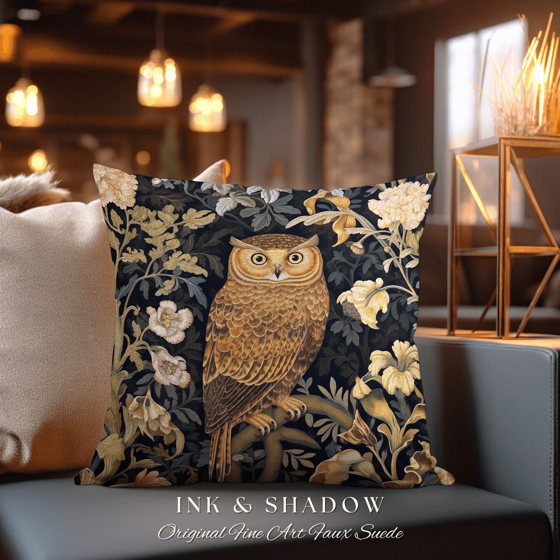 Navy Botanical Owl Pillow | Whimsical William Morris Inspired Throw Pillow Aesthetic Goth Woven Pillow Victorian Fairy Core Owl Decor Floral