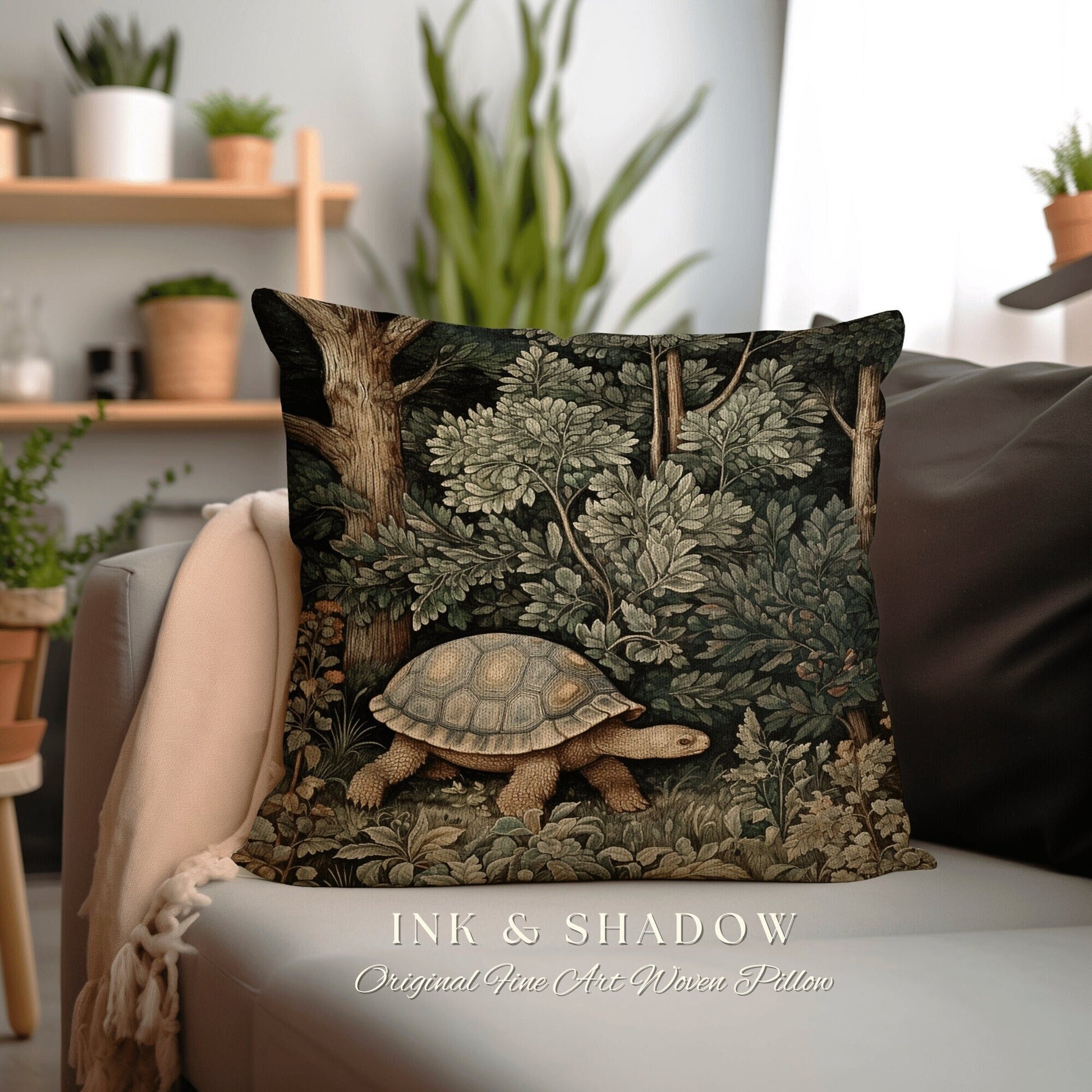 Woodland Gothic Botanical Tortoise Pillow | Whimsical Pillow William Morris Inspired Boho Turtle Pillow Fairy Aesthetic Pillow Cottagecore