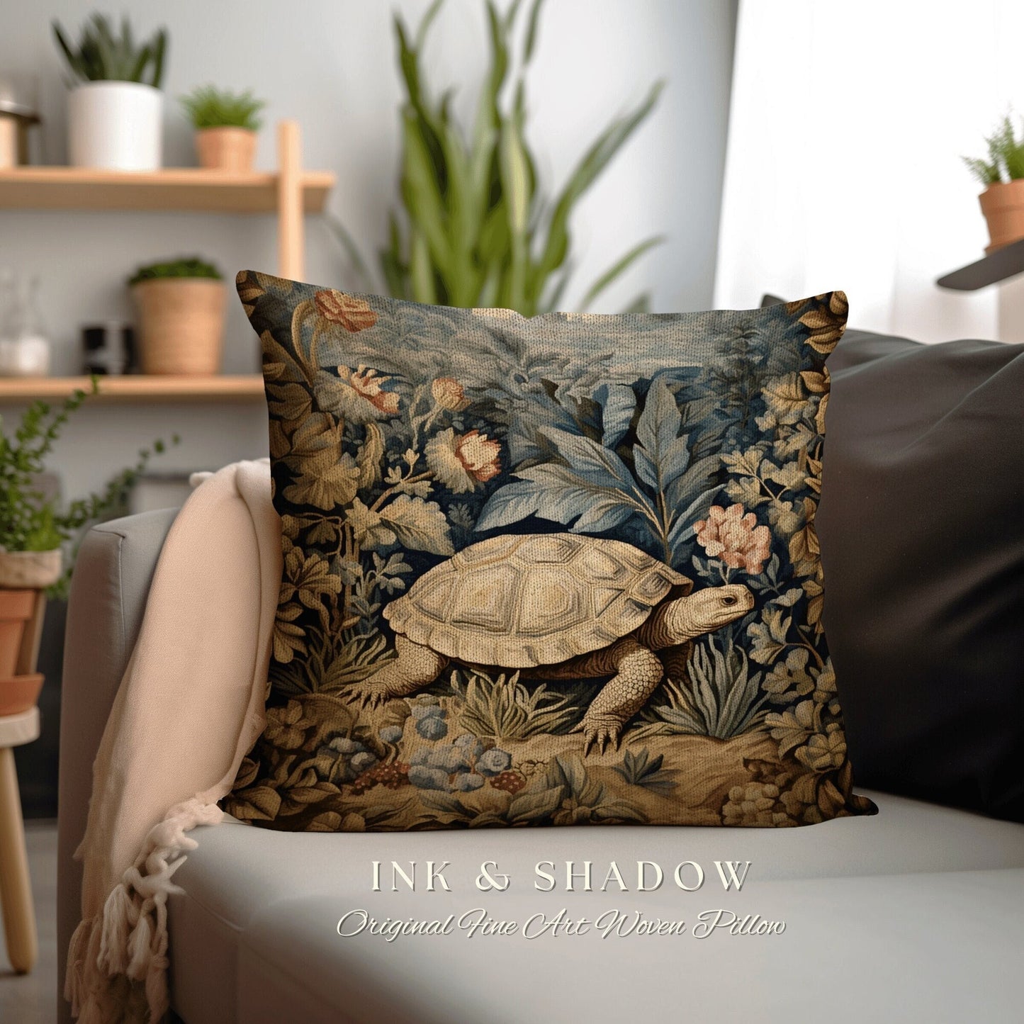 Rustic Woodland Tortoise Pillow | Botanical Woven Pillow William Morris Inspired Boho Decor Crowcore Pillow Fairy Aesthetic Pillow Morris