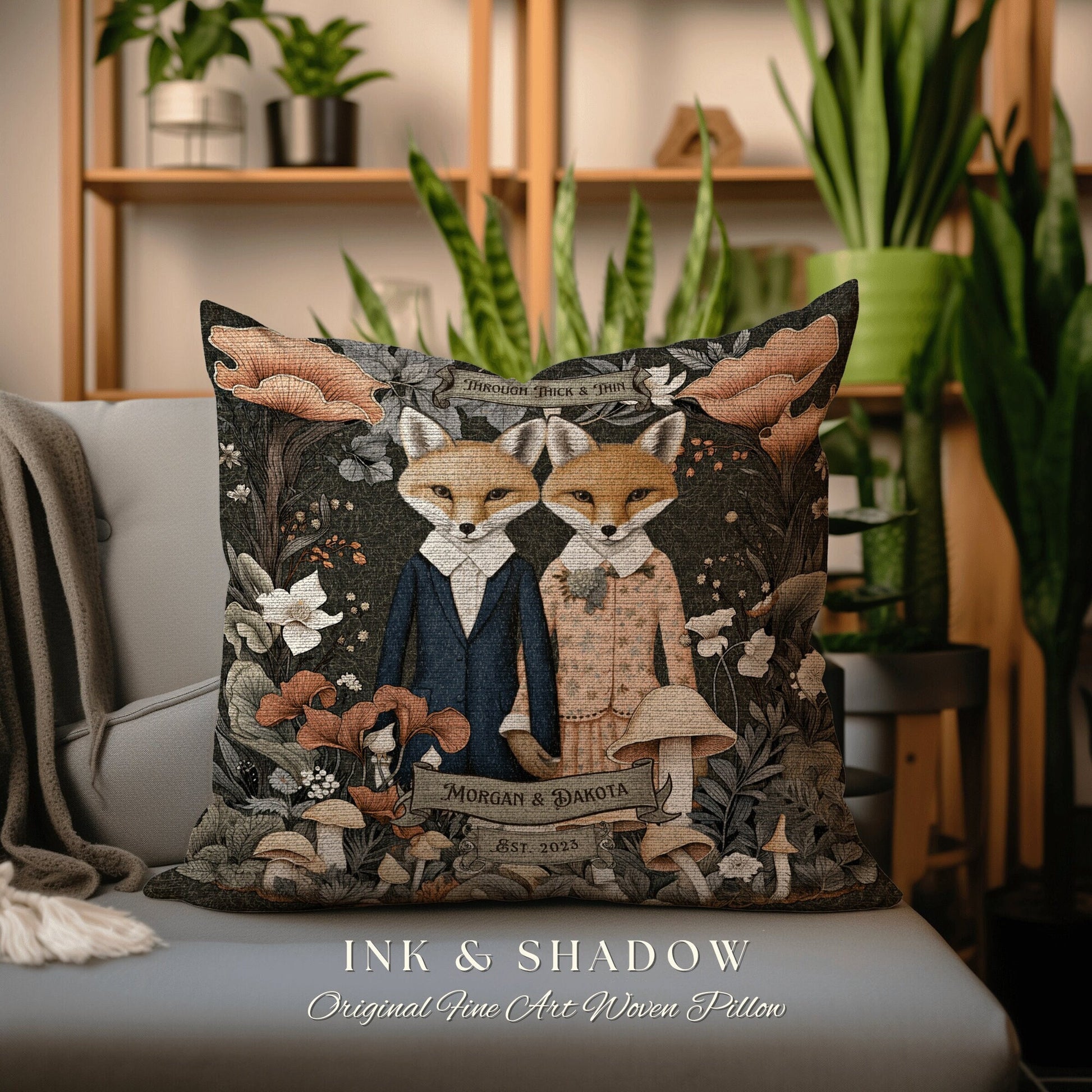 Decorative Throw Pillow Personalized | Woodland Decor Custom Dating Anniversary Meaningful Gift Housewarming Pillow Cottagecore Fox Couple |