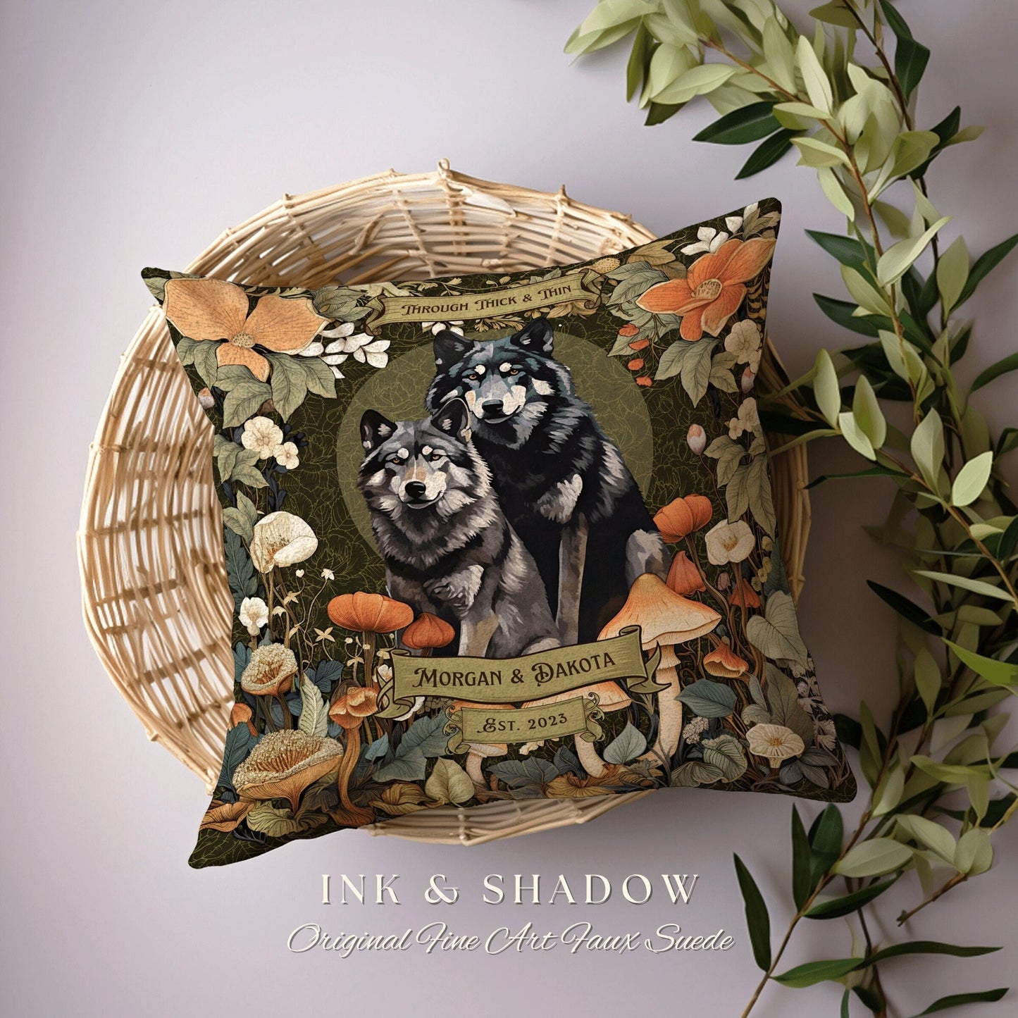 Woven Pillow Wolf Couple Anniversary Gift | Celestial Decor Custom Dating Anniversary Thoughtful Housewarming Pillow Cottagecore Wolf Couple