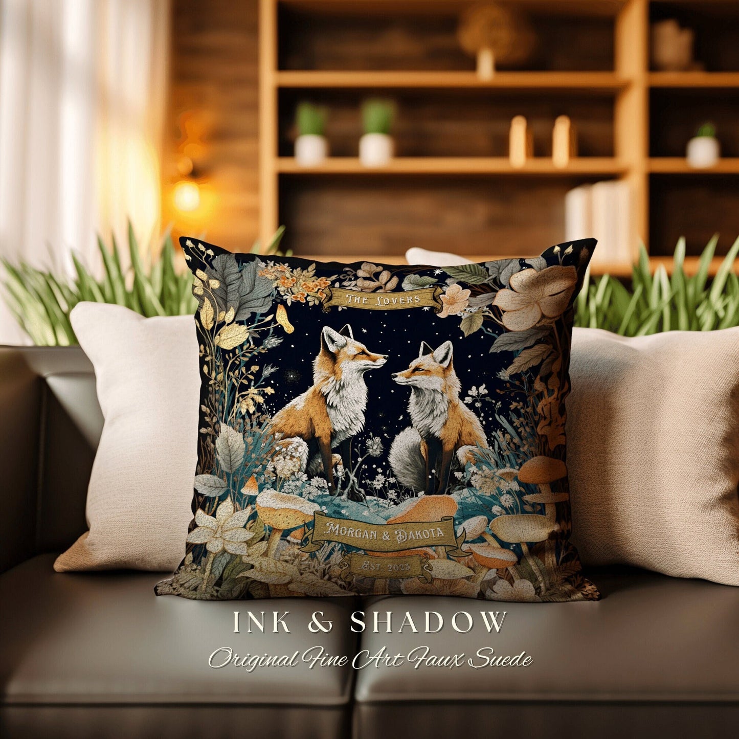 Celestial Woodland Fox Pillow Custom | Woodland Decor Custom Dating Anniversary Meaningful Gift Housewarming Pillow Cottagecore Fox Couple |