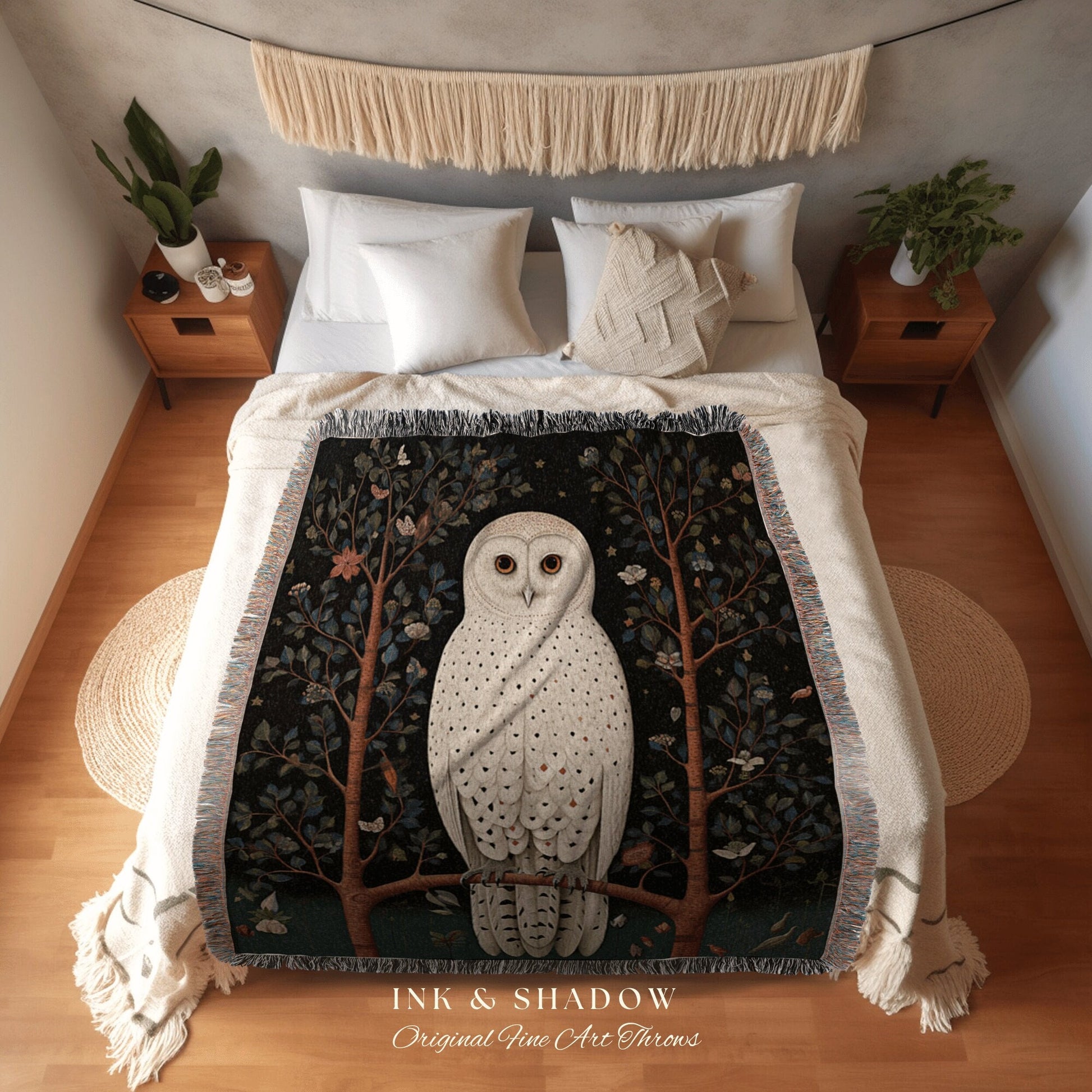 Whimsigoth Nordic Owl Blanket | Woven Tapestry Witchy Decor Cottagecore Art Crowcore Aesthetic Room Decor Magical Owl Tapestry Crow Core Art