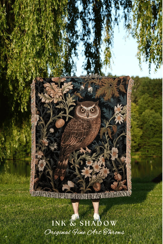 Owl Throw Blanket Whimsical | Bookish Gift Art Blanket Goth Decor Cottagecore Aesthetic Decor Magical Owl Tapestry Crowcore Book Nook Witchy