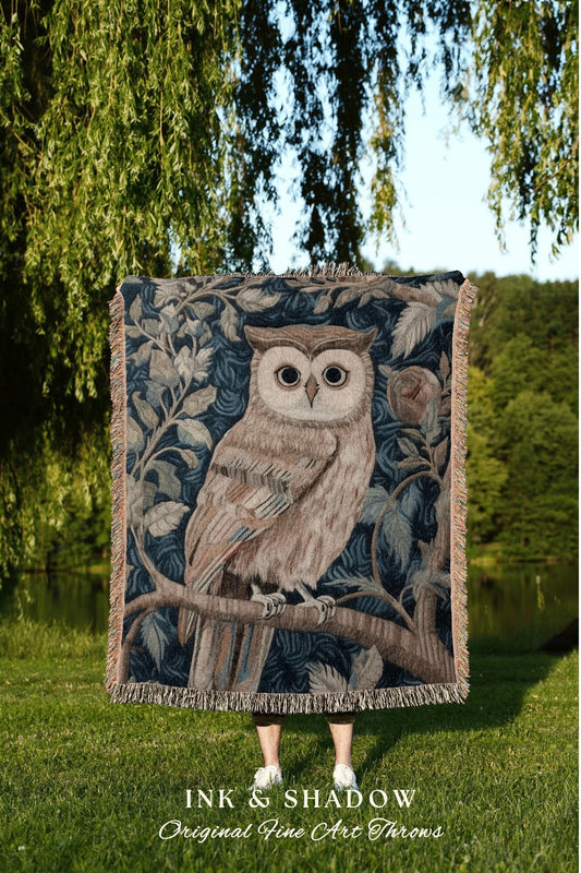 Witchy Owl Woven Throw Blanket | Bookish Gift Art Blanket Witchy Decor Cottagecore Aesthetic Decor Magical Owl Tapestry Crowcore Book Nook |