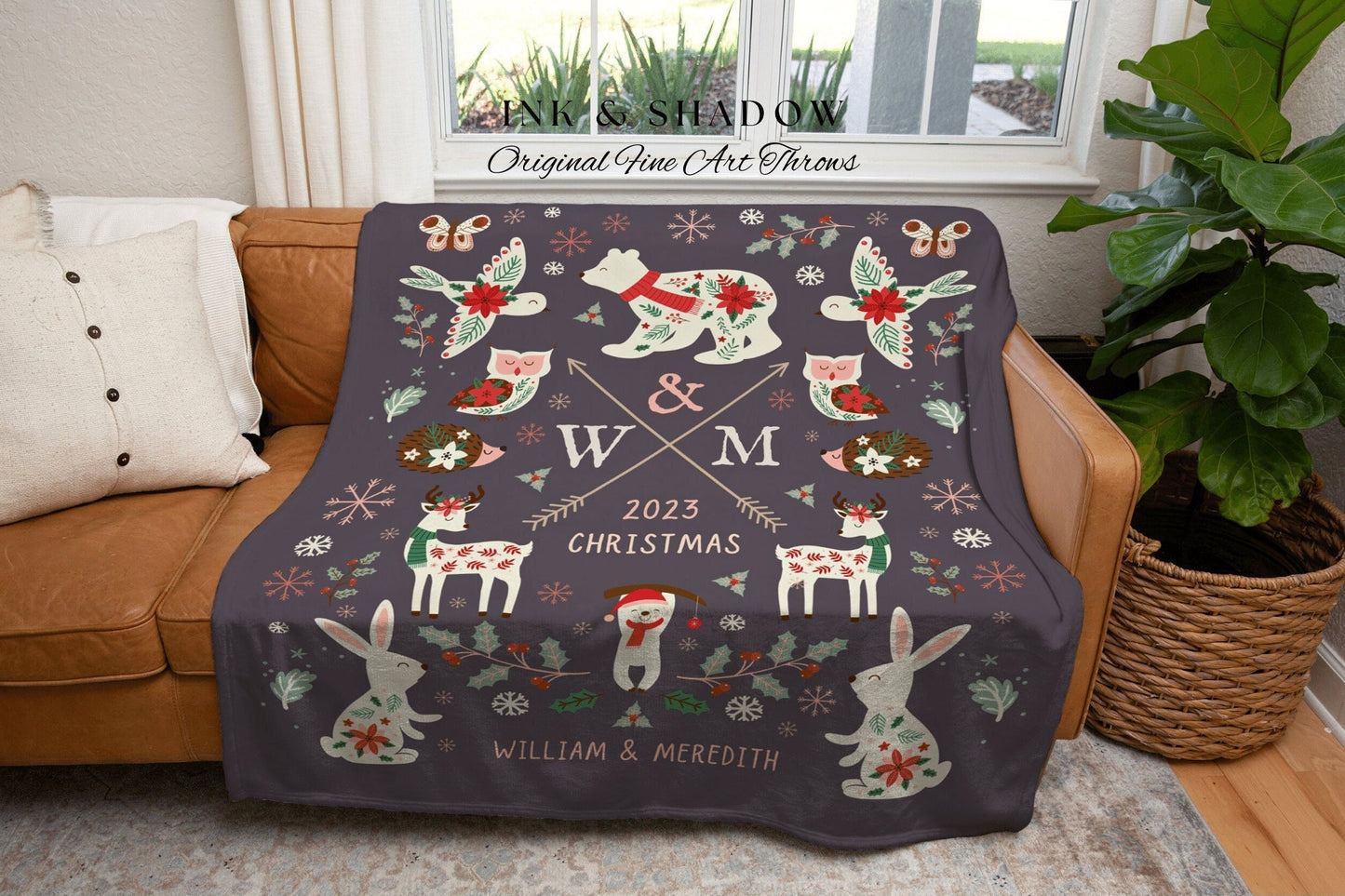 Custom Couple Nordic Woodland Christmas Throw Personalized Festive Holiday Decor | Cute Animal Winter Tapestry Blanket Cozy Cottagecore Gift