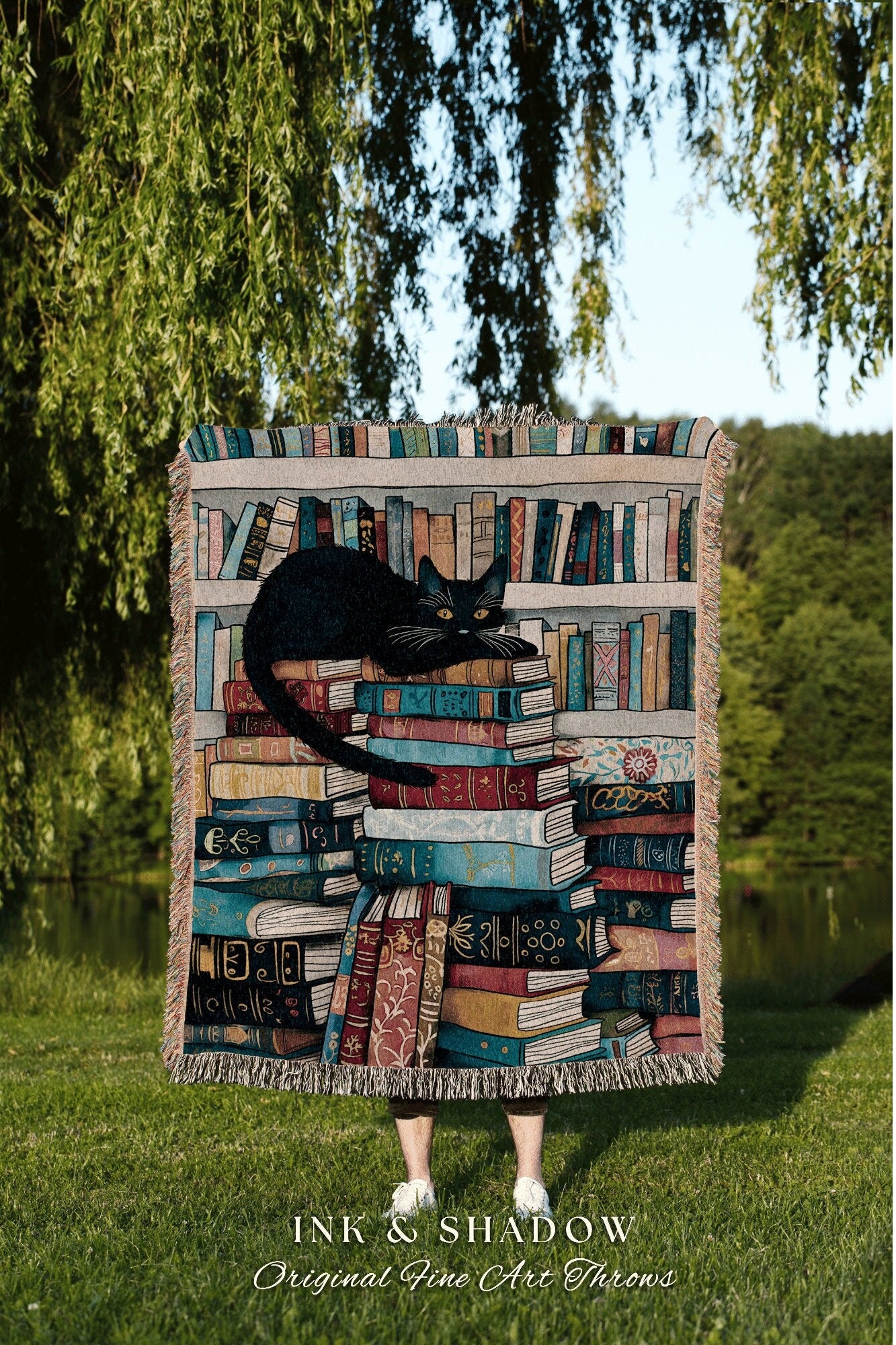 Eclectic Cat Blanket Bookish Gift | Boho Book Lover Bedroom Decor Dark Woodland Crowcore Aesthetic Tapestry Mystical Book Reading Corner