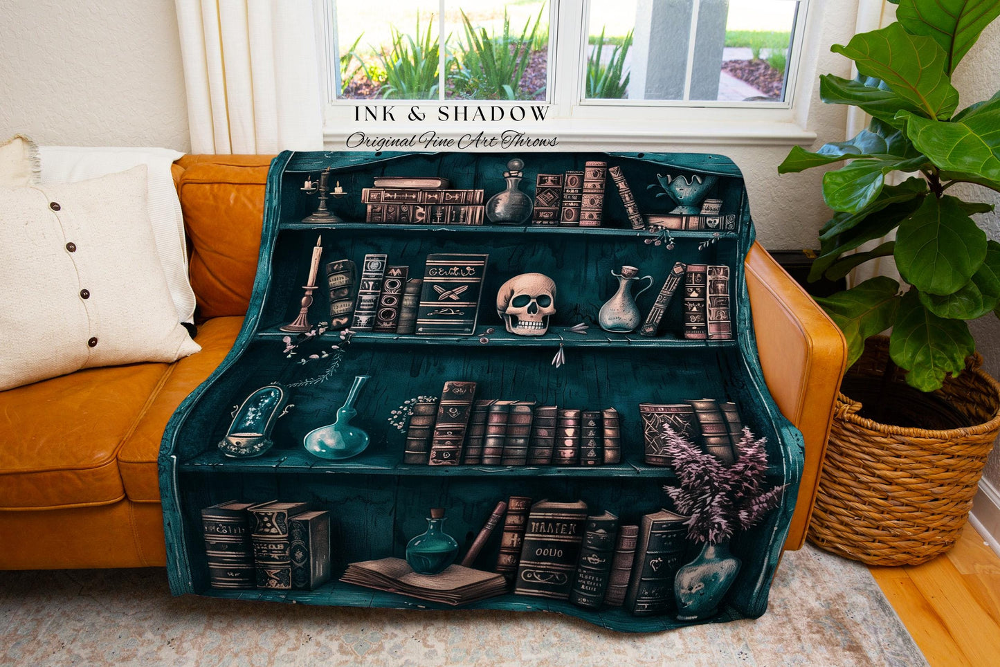 Mystical Witchy Art Bookshelf Tapestry Blanket Witch Cottagecore Woven Throw Gothic Skulls Home Decor Occult Dark Academia Book Lovers Gift