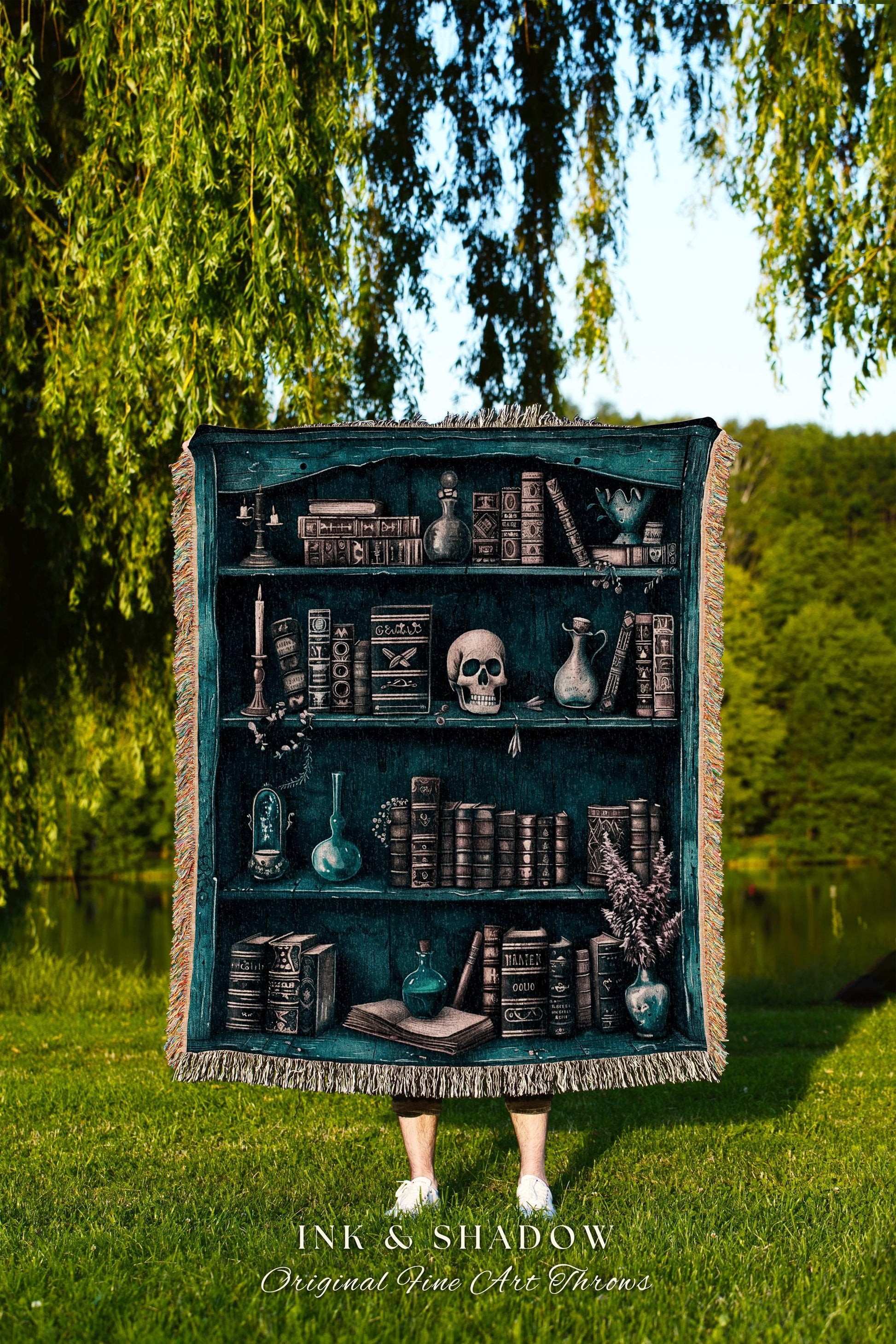 Mystical Witchy Art Bookshelf Tapestry Blanket Witch Cottagecore Woven Throw Gothic Skulls Home Decor Occult Dark Academia Book Lovers Gift