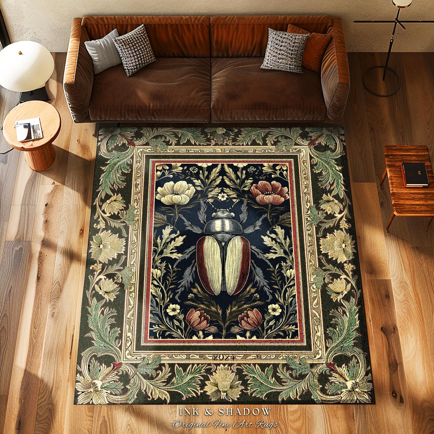 Dark Botanical Woodland Gothic Rug Vintage Aesthetic Victorian Beetle Floral Whimsigoth Decor | Witchy Dark Academia Forestcore Bug Art Rug